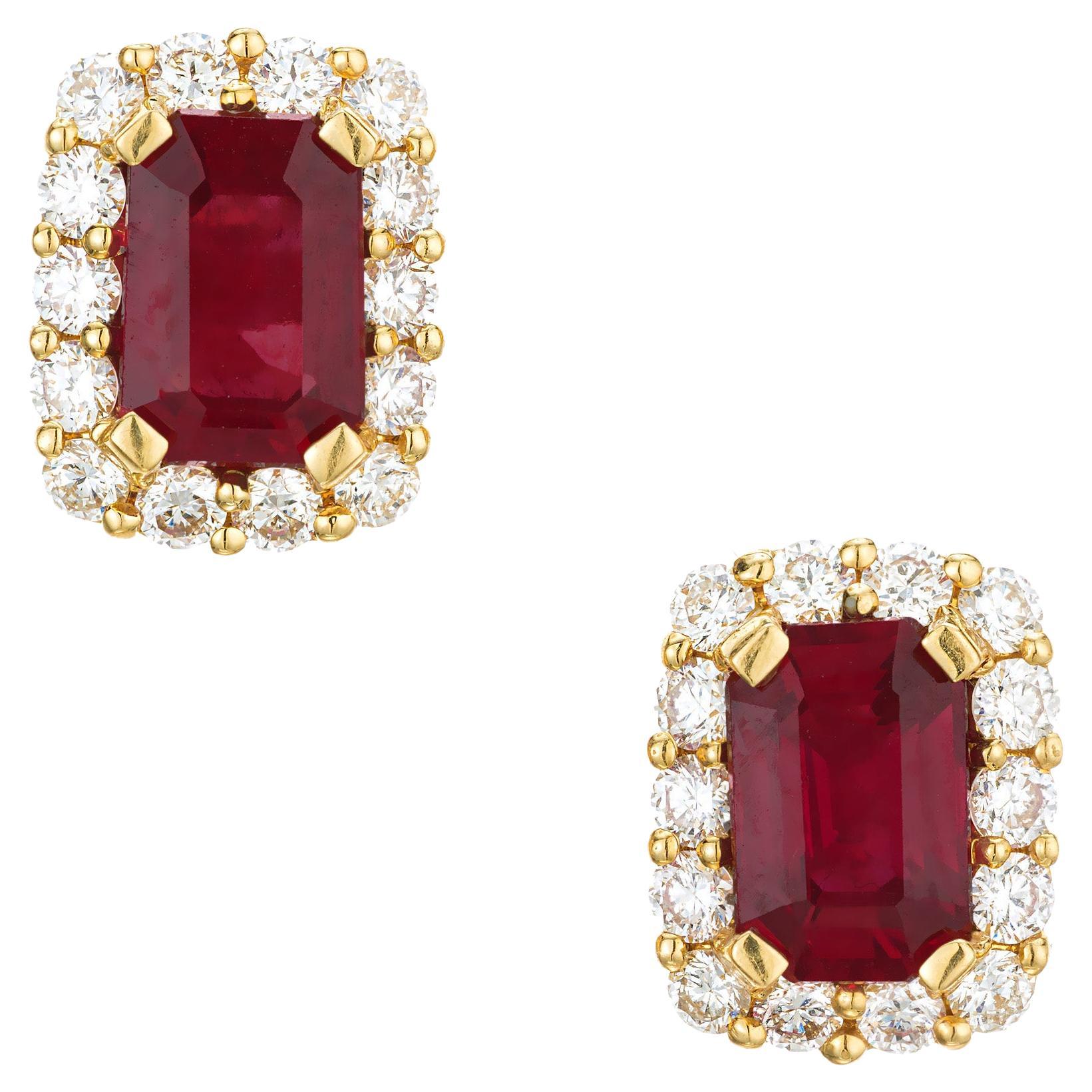 Peter Suchy GIA Certified 1.44 Carat Ruby Diamond Halo Yellow Gold Earrings