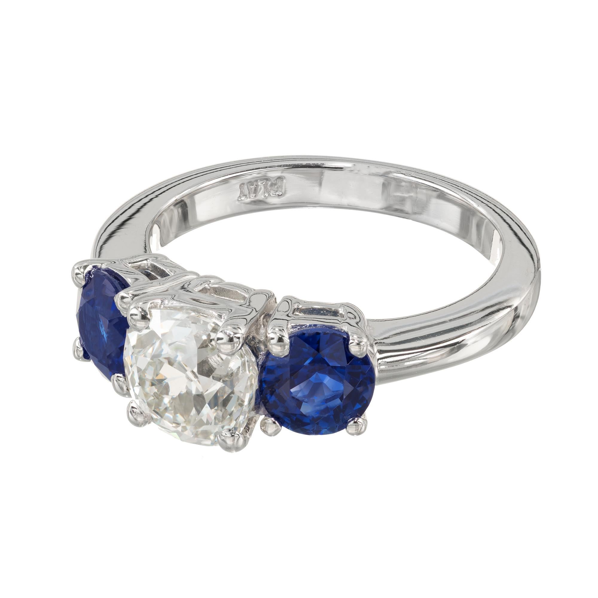 Old Mine Cut Peter Suchy GIA 1.50 Carat Diamond Sapphire Platinum Three-Stone Engagement Ring For Sale
