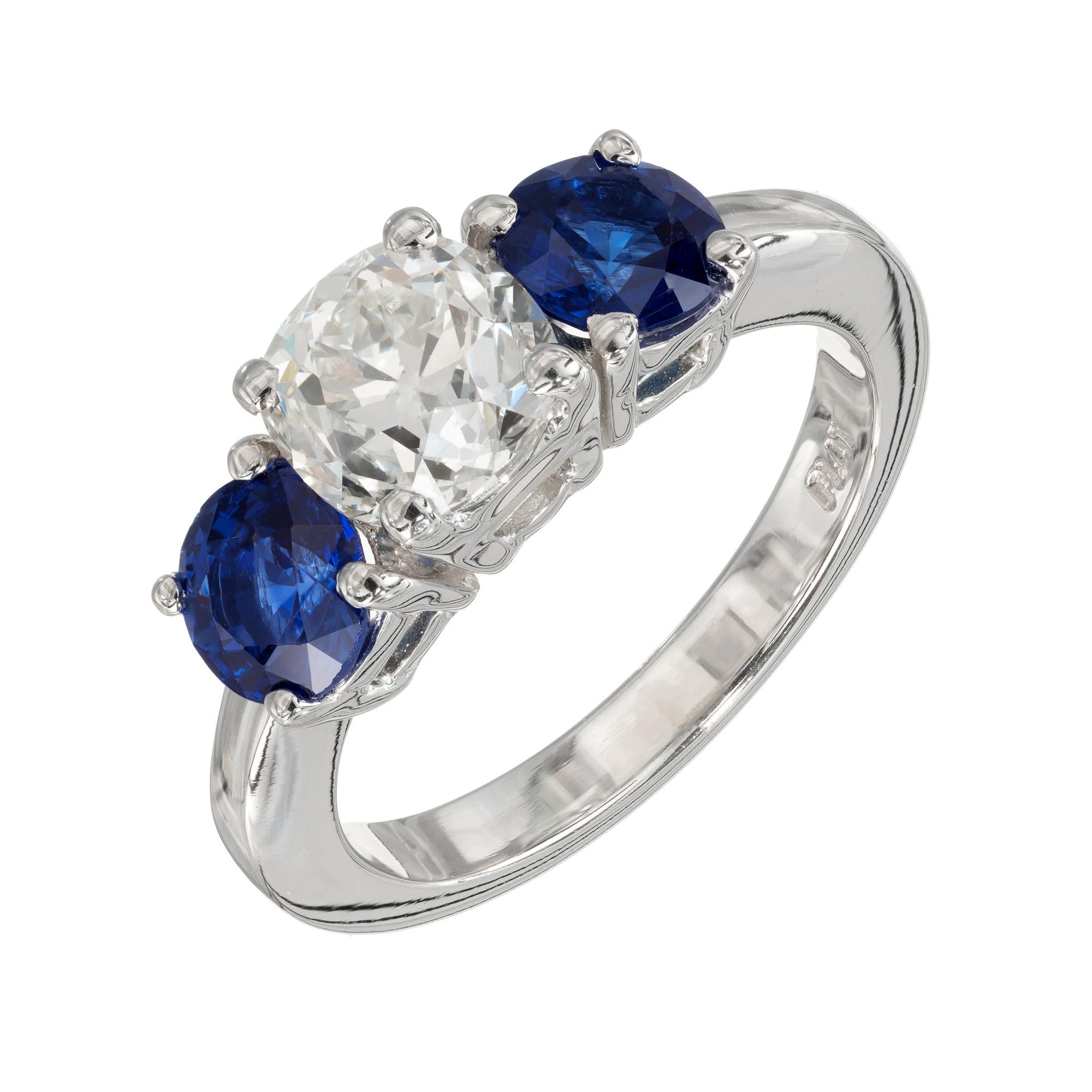 Peter Suchy GIA 1.50 Carat Diamond Sapphire Platinum Three-Stone Engagement Ring For Sale
