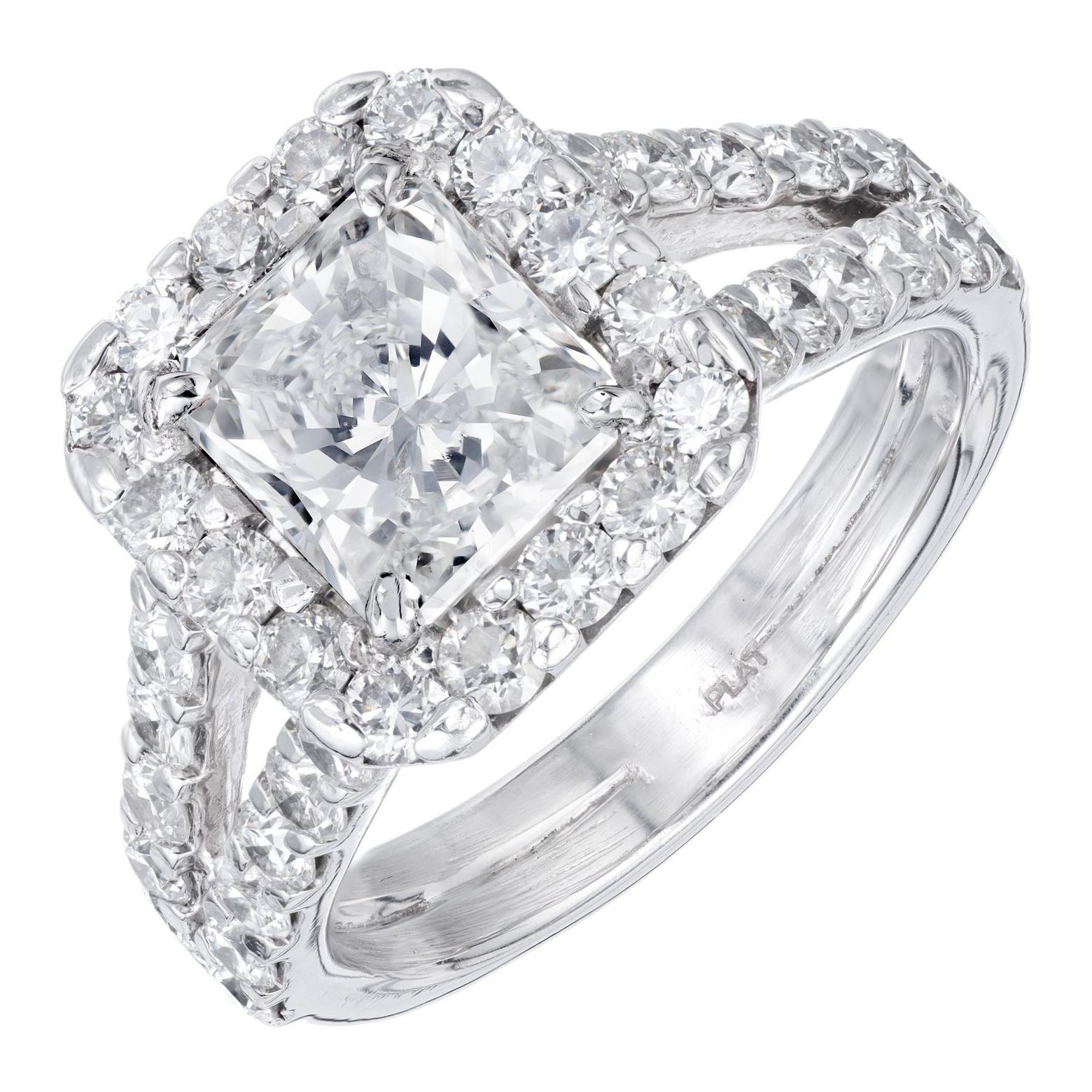 Bague de fiançailles Peter Suchy en platine avec halo de diamants de 1,53 carat certifiés GIA