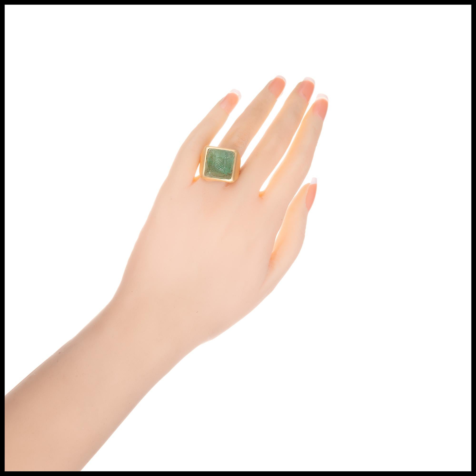 Square Cut Peter Suchy GIA Certified 15.92 Carat Mogul style  Carved Emerald Gold Ring For Sale