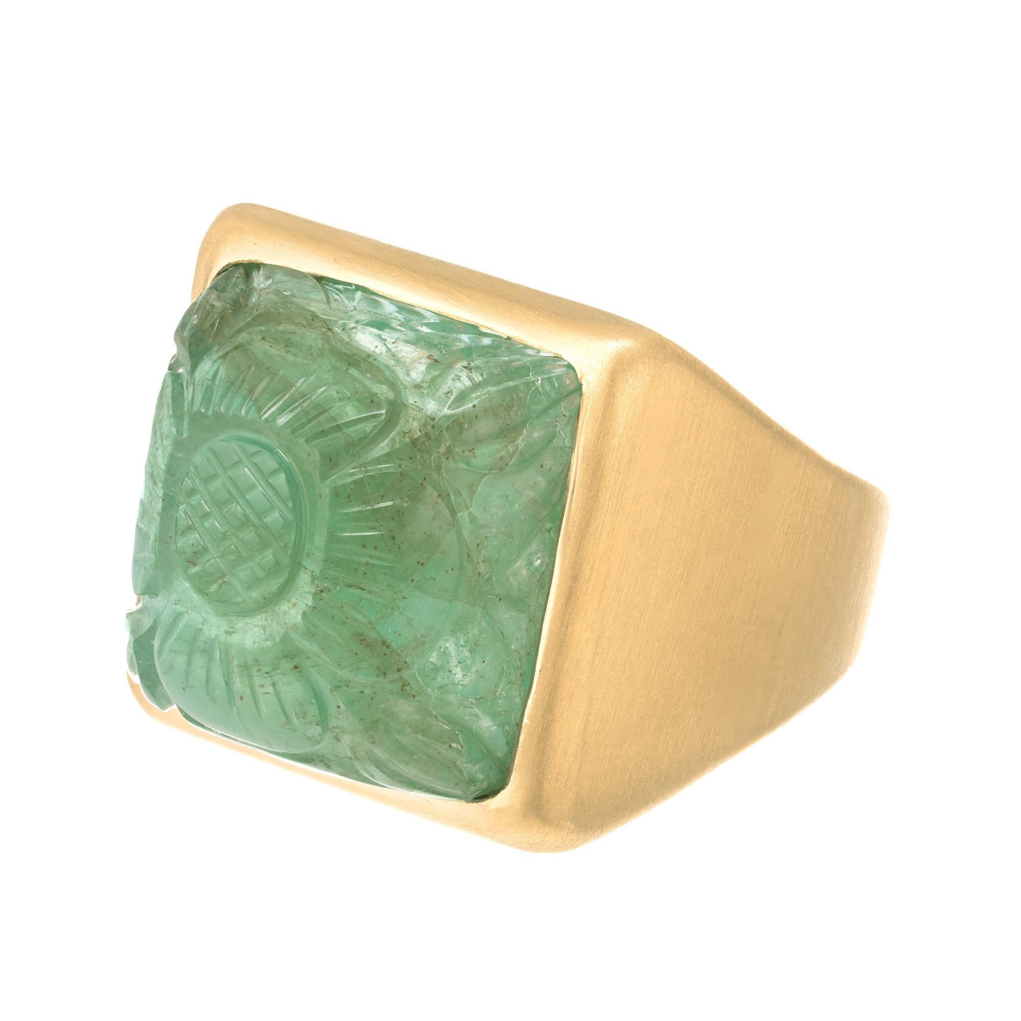 Peter Suchy GIA Certified 15.92 Carat Mogul style  Carved Emerald Gold Ring For Sale