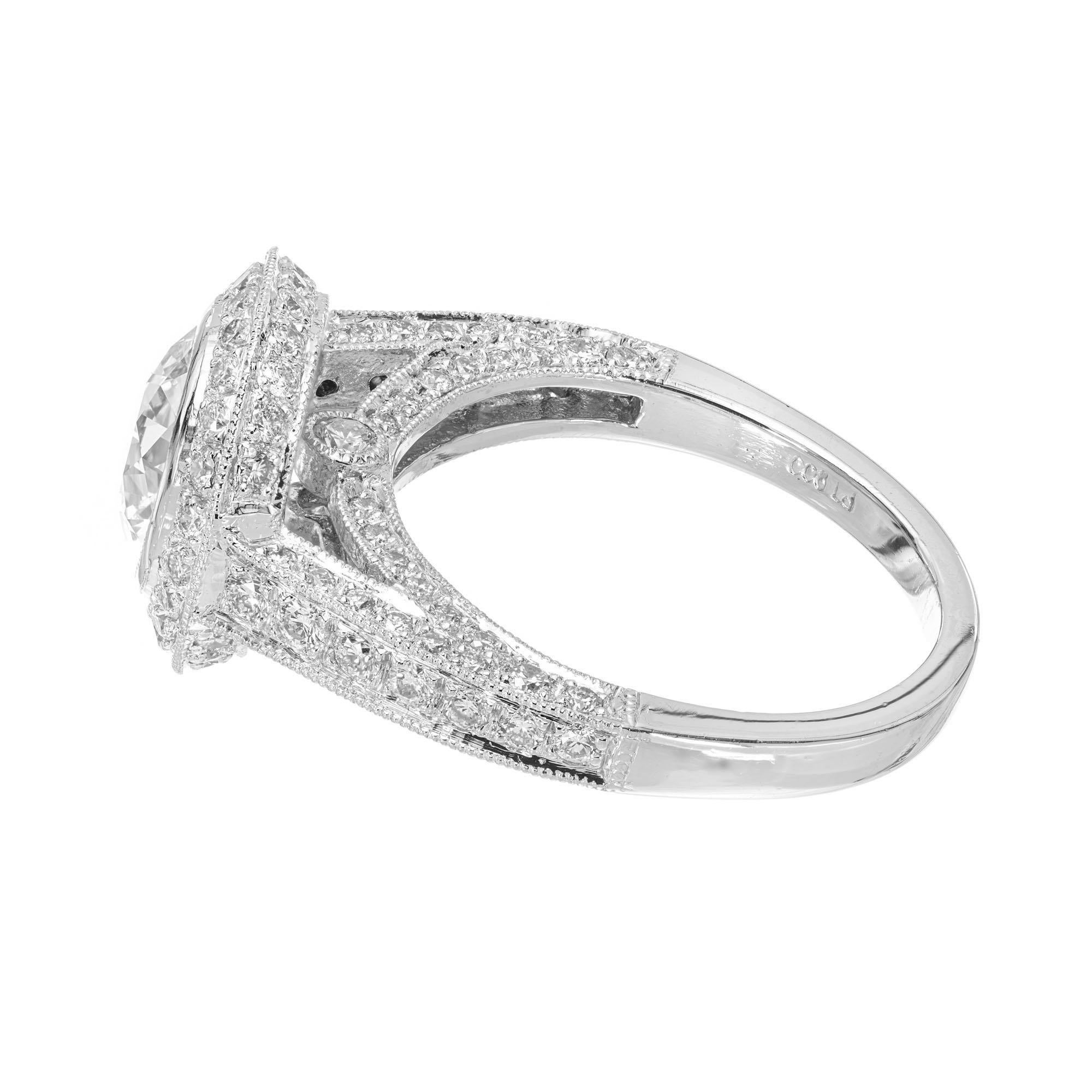 Bague de fiançailles Peter Suchy en platine avec halo de diamants pavés de 1,61 carat certifiés GIA Pour femmes en vente