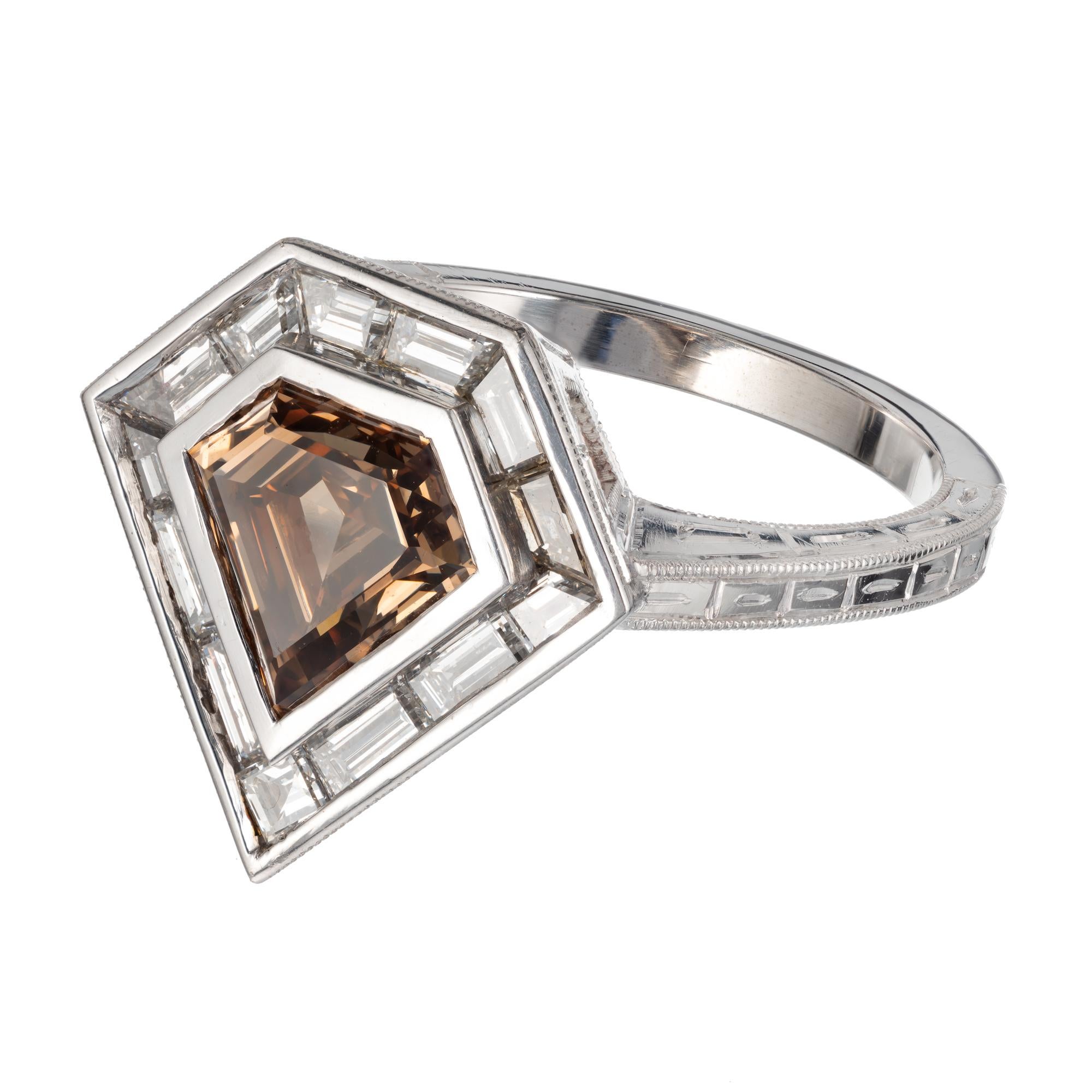 Baguette Cut Peter Suchy GIA Certified 1.63 Carat Brown Diamond Platinum Engagement Ring