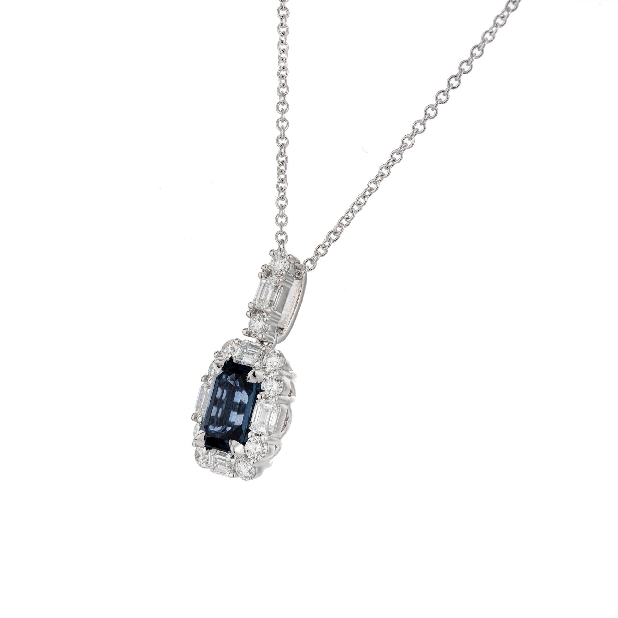 Emerald Cut Peter Suchy GIA Certified 1.63 Carat Sapphire Diamond Gold Pendant Necklace For Sale