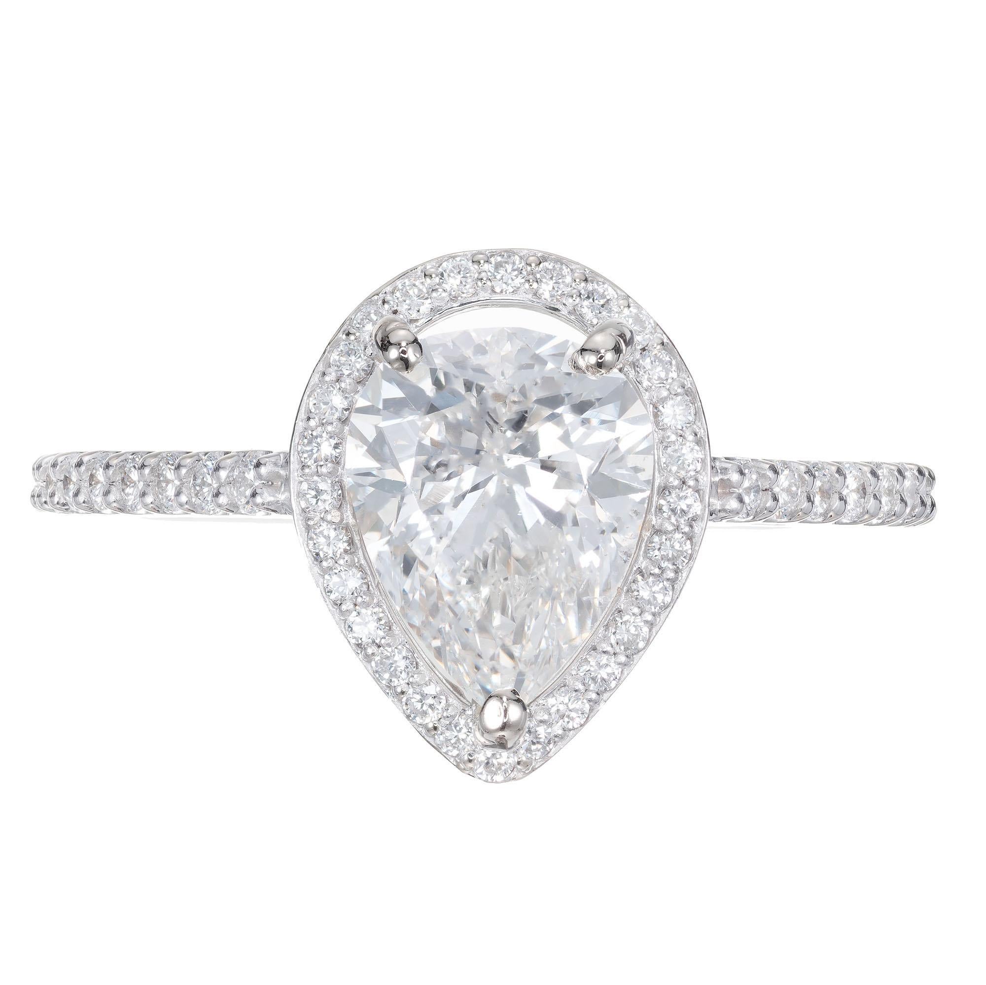 Peter Suchy classic pear shape halo engagement ring. GIA certified center stone with a haolo of 48 round full cut diamonds in a 14k white gold settings. 

1 pear shaped Diamond, approx. total weight 1.65cts, J, SI2, GIA certificate #5182332929
48