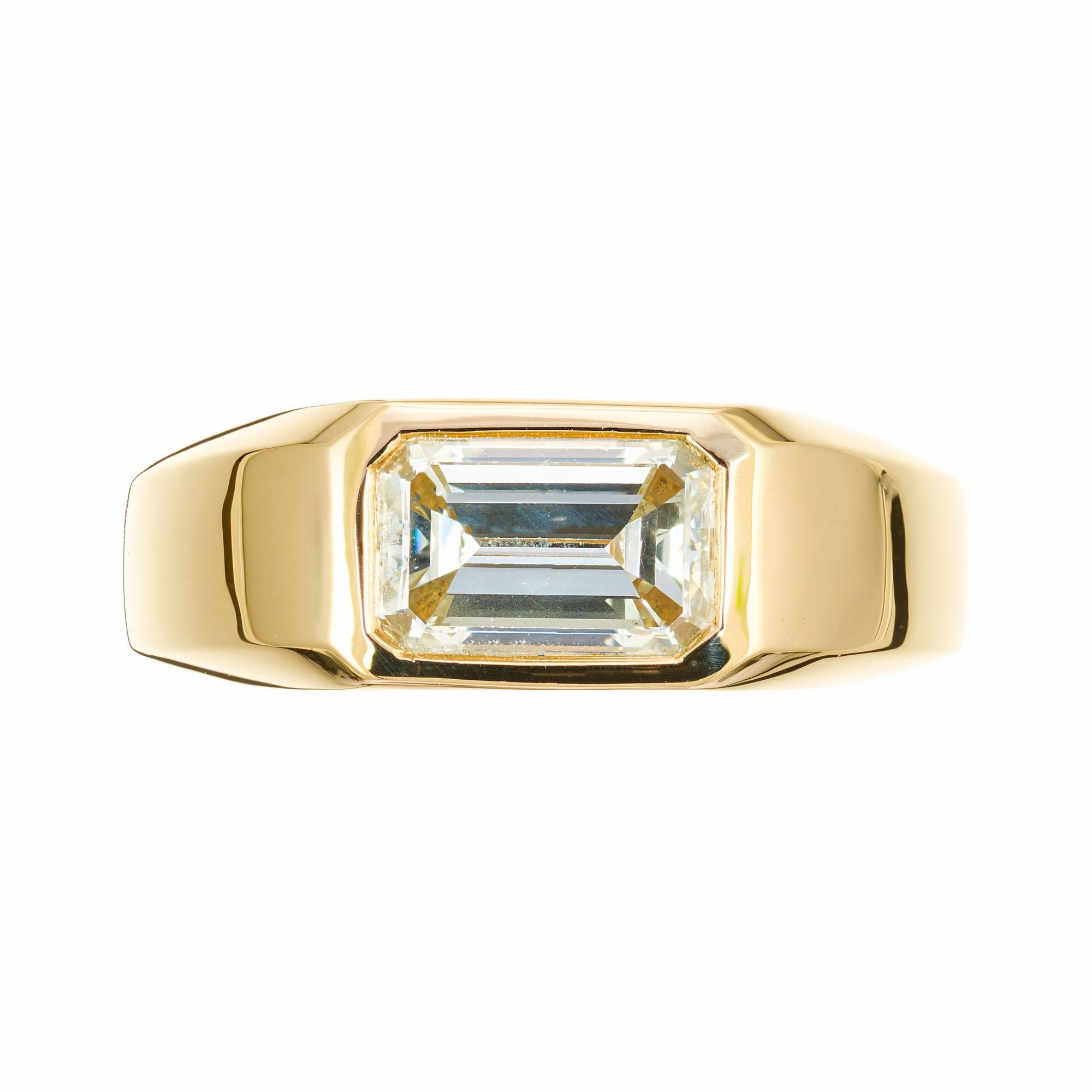 Unisex Emerald cut diamond ring. Custom made solid 18k yellow gold setting with a GIA Certified 1.80ct emerald cut center diamond.

1 Emerald cut diamond, M VS approx. 1.80cts GIA Certificate # 5212496390
Size: 7.75 and sizable 
18k yellow gold