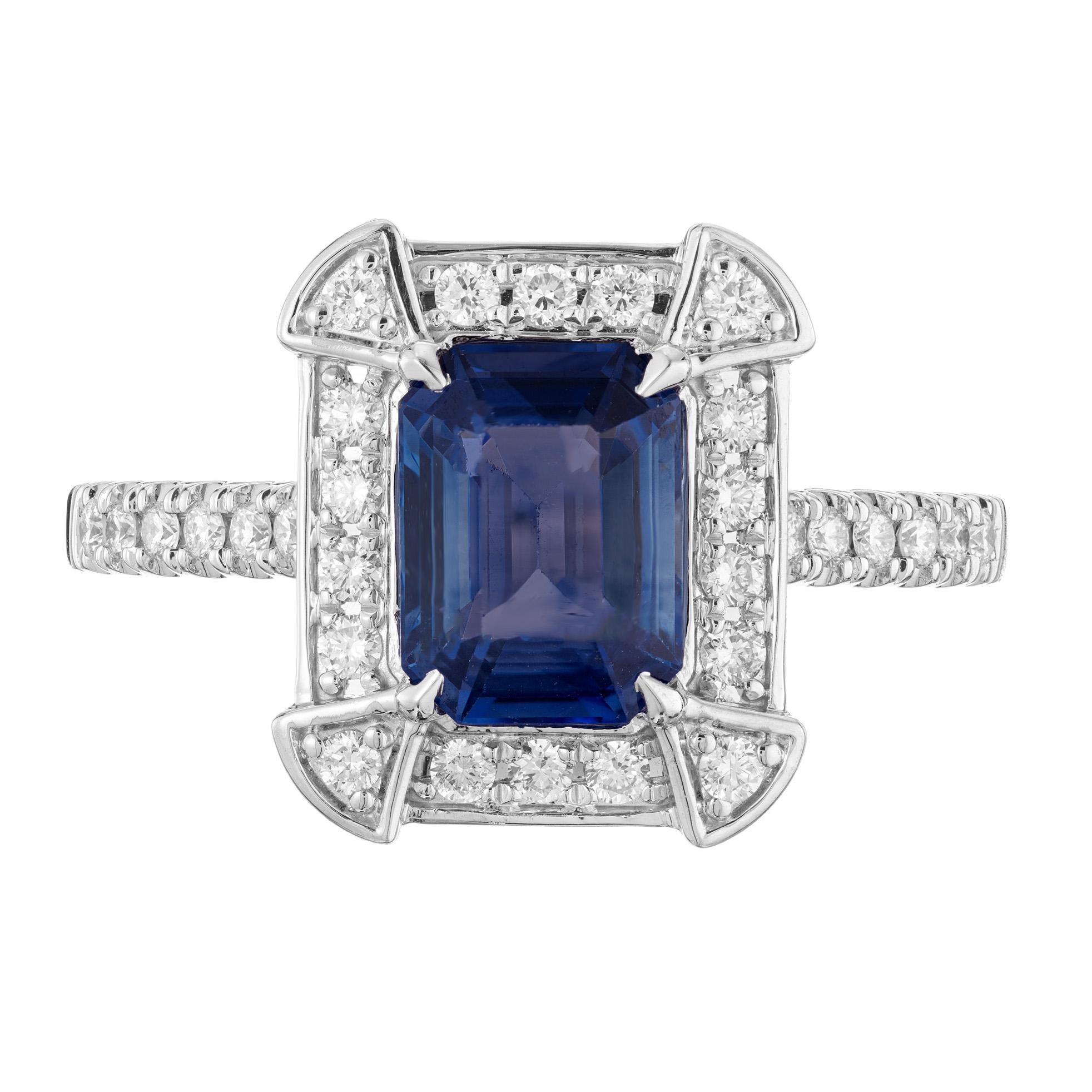 Art Deco Inspired sapphire and diamond engagement ring. The center is a spectacular octagonal 1.83 carat 1920's GIA certified Sri Lanka octagonal sapphire, mounted in a 14k white gold setting with a halo of round brilliant cut diamonds that also run
