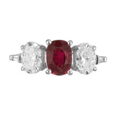 Peter Suchy GIA Certified 2.02 Carat Oval Ruby Diamond Three-Stone Platinum Ring