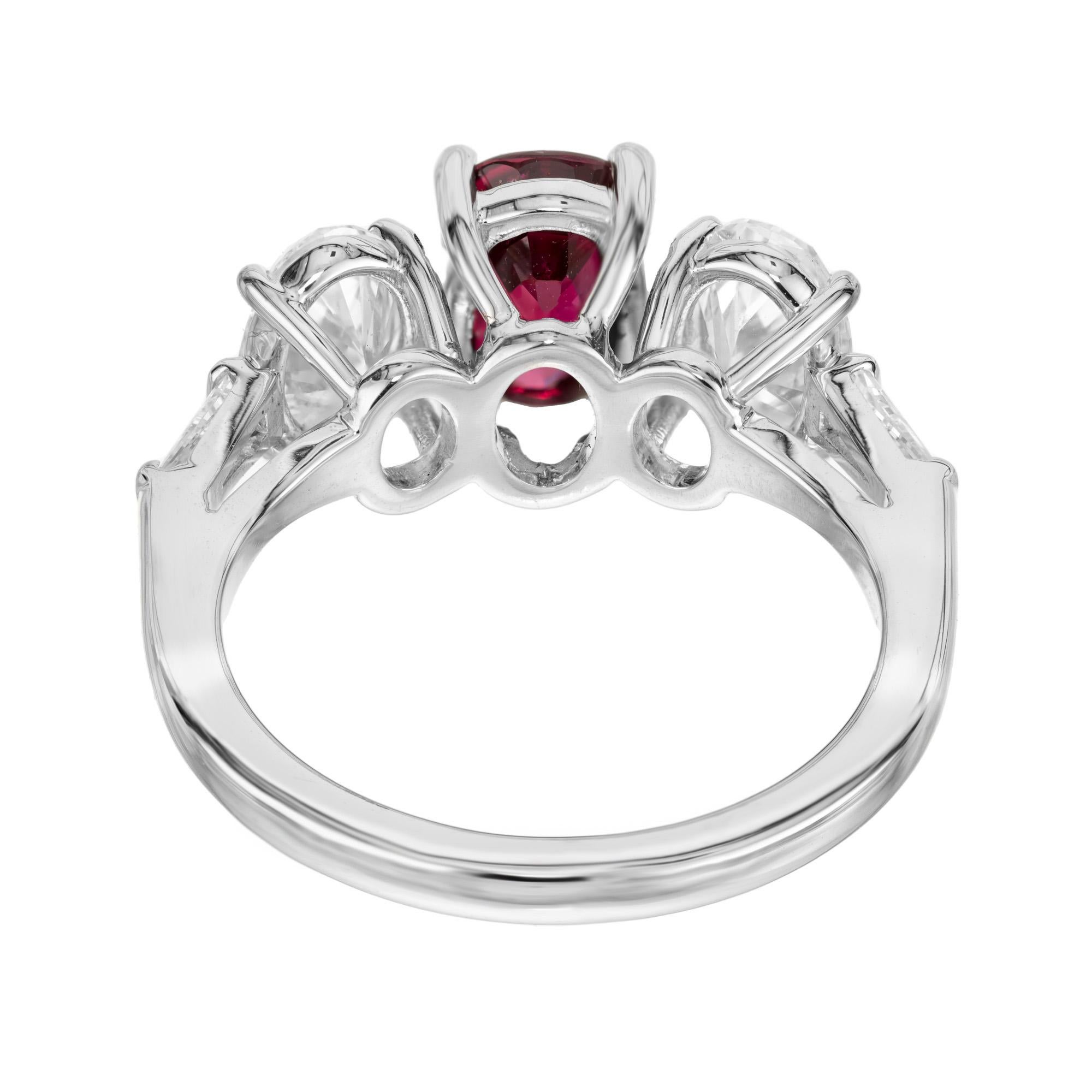 Peter Suchy GIA Certified 2.02 Carat Oval Ruby Diamond Three-Stone Platinum Ring For Sale 3