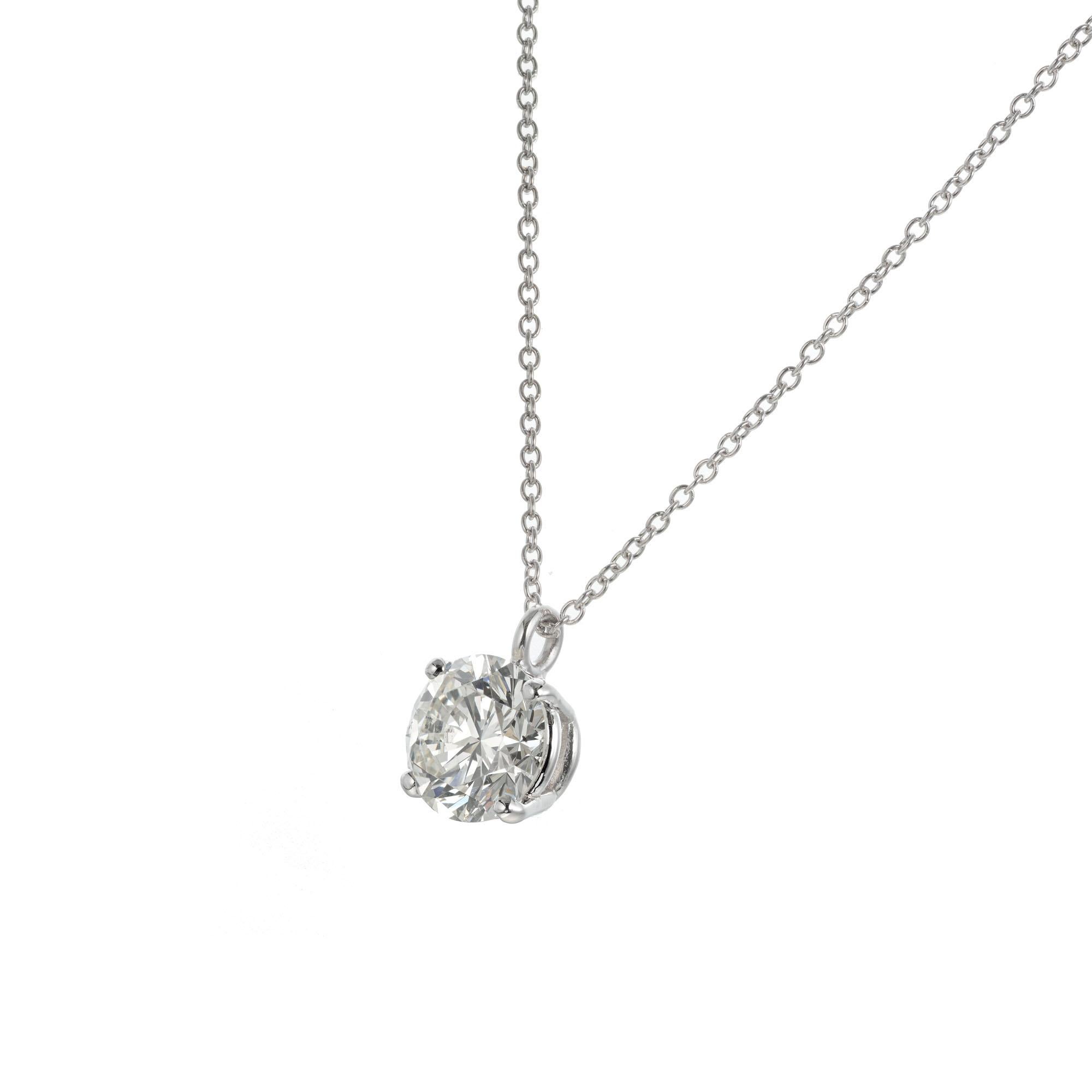 Peter Suchy 2.05 carat GIA certified round Ideal brilliant cut diamond pendant necklace in platinum. 16 inches long. 

1 round brilliant cut diamond L SI, approx. 2.05ct GIA Certificate # 5201140880
Platinum 
Stamped: PT950
3.7 grams
Top to bottom: