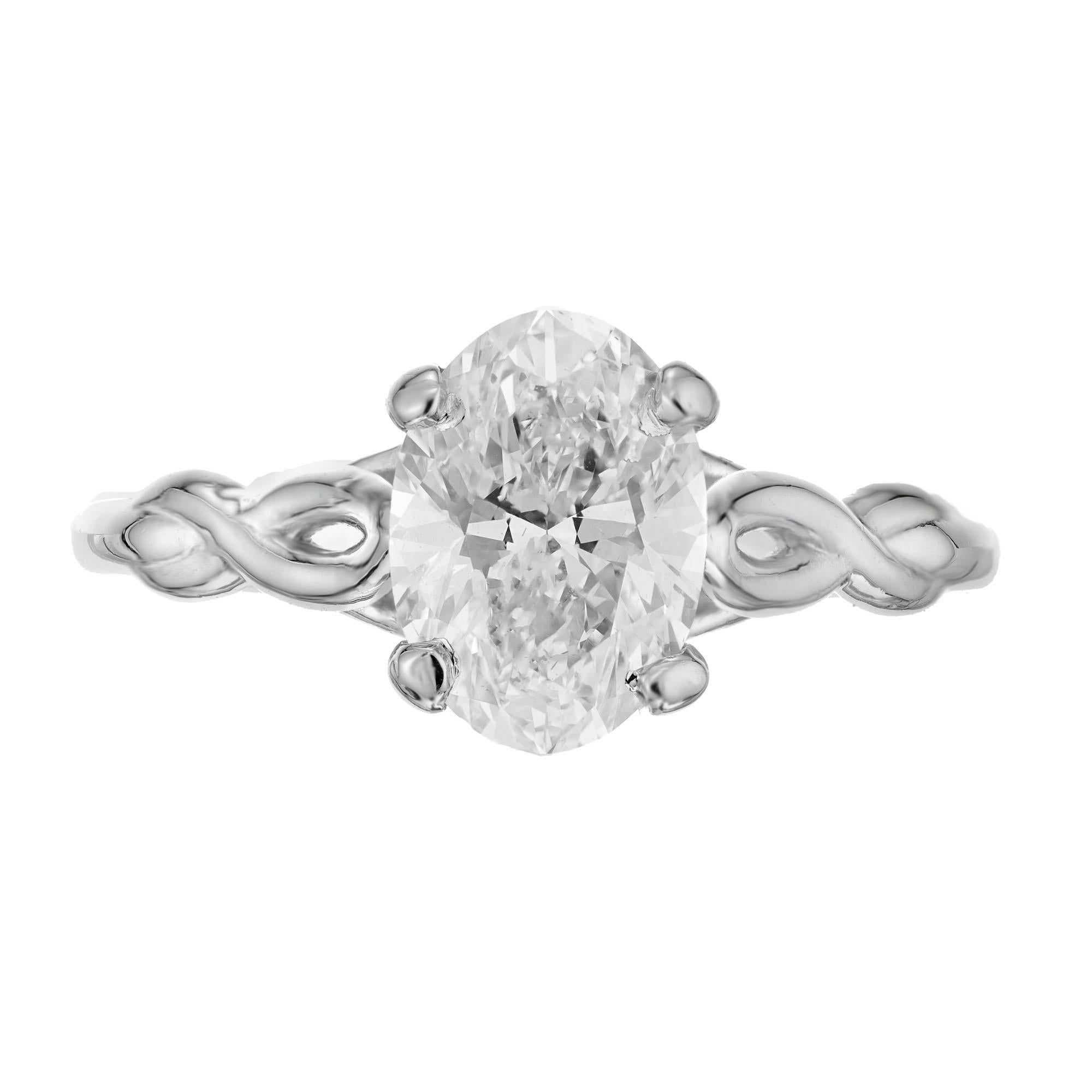 Oval diamond engagement ring. GIA certified oval cut diamond center stone in a platinum solitaire open setting. Crafted in the Peter Suchy Workshop.  

1 oval diamond, approx. total weight 2.05cts, G, SI1 GIA certificate # 1186747857
Size 6.5 and