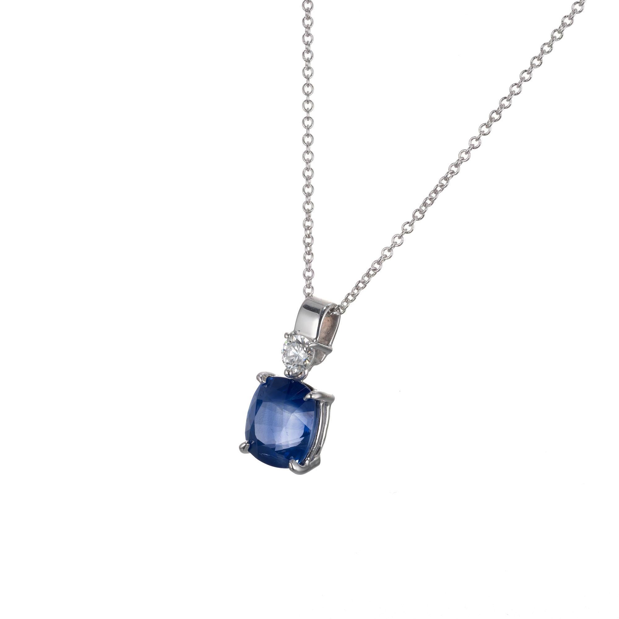 Peter Suchy cushion cut sapphire  and round diamond pendant necklace. Set in 14k white gold. GIA certified natural sapphire simple heat only. 

1 oval cushion blue sapphire, approx. 2.51ct GIA certificate # 1182062020
1 round brilliant cut diamond G