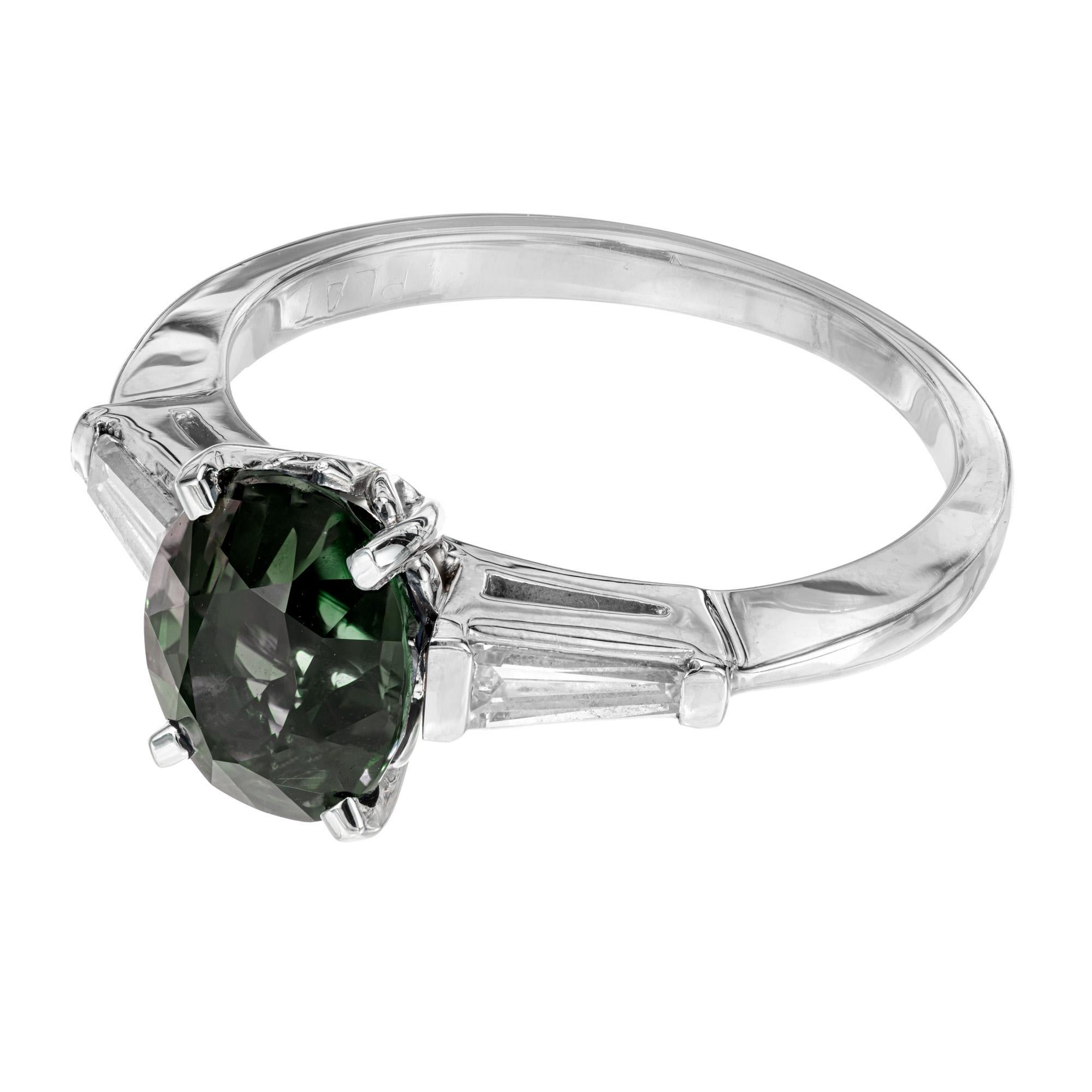Oval Cut Peter Suchy GIA Certified 2.59 Carat Green Sapphire Diamond Platinum Ring For Sale