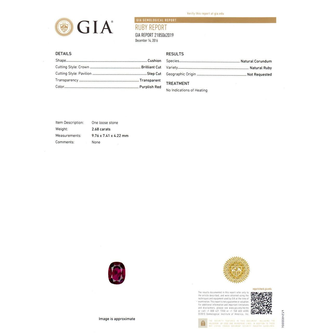 Peter Suchy GIA Certified 2.68 Carat Cushion Ruby Diamond Platinum Engagement 2