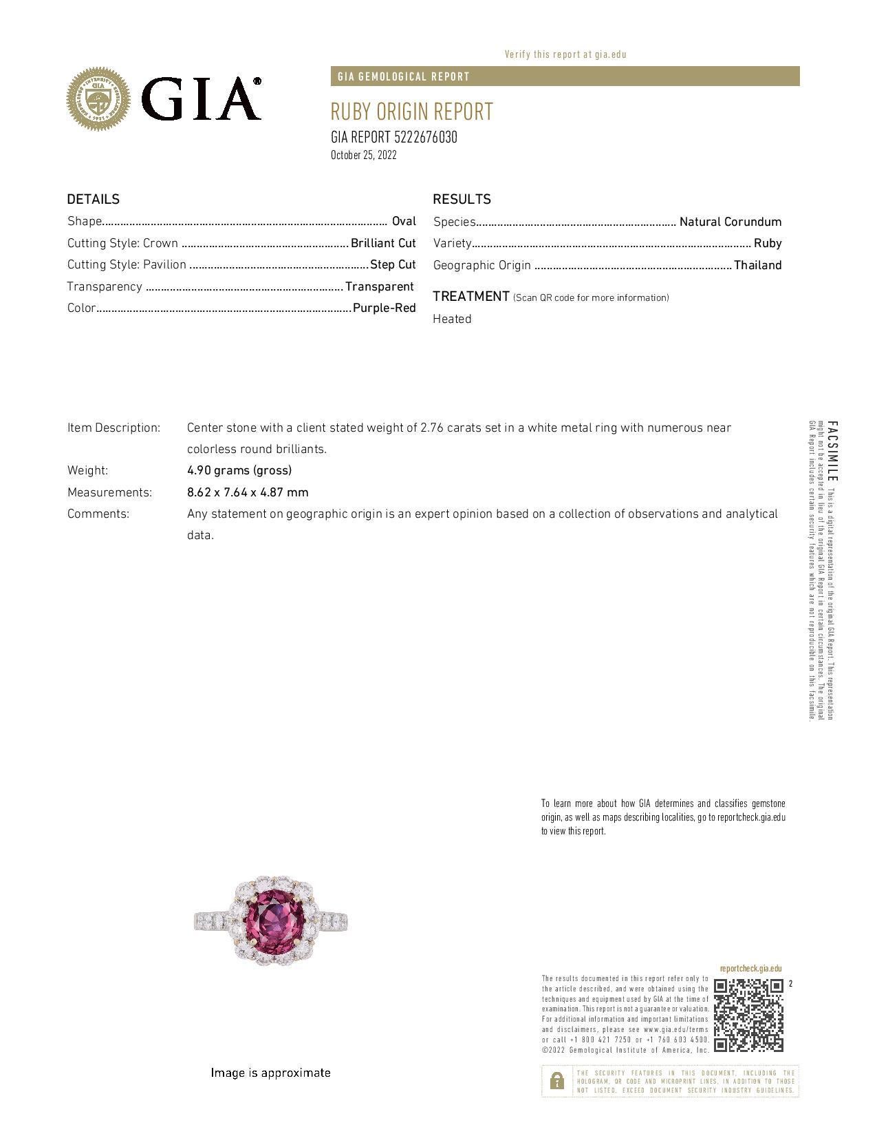 Peter Suchy Gia Certified 2.76 Cart Ruby Diamond White Gold Engagement Ring In New Condition For Sale In Stamford, CT