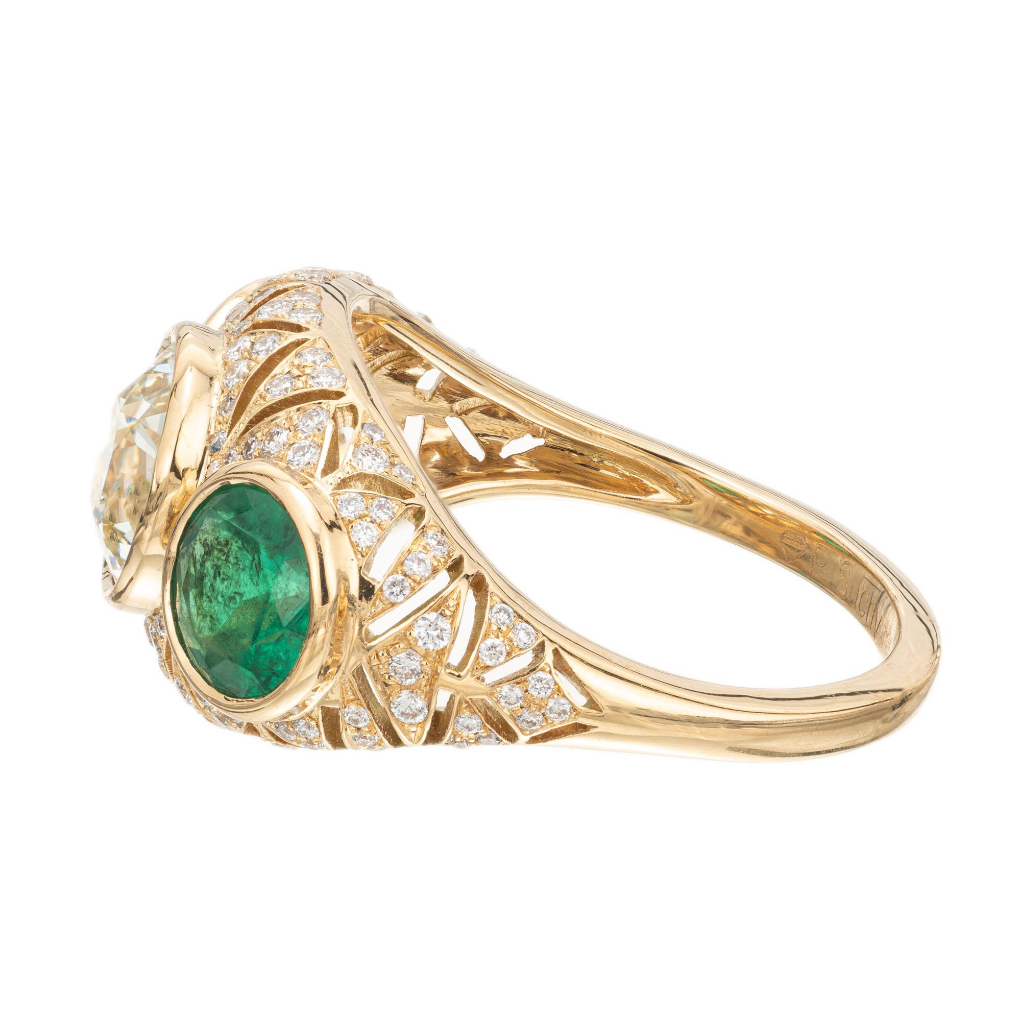Old European Cut Peter Suchy GIA 2.87 Carat Diamond Emerald Gold Three-Stone Engagement Ring
