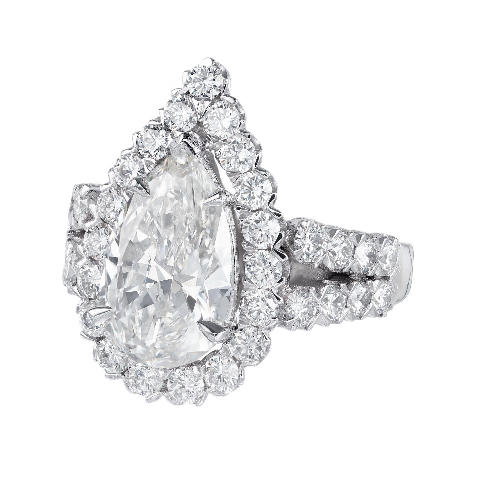 Women's Peter Suchy GIA Certified 2.96 Carat Pear Diamond Halo Platinum Ring