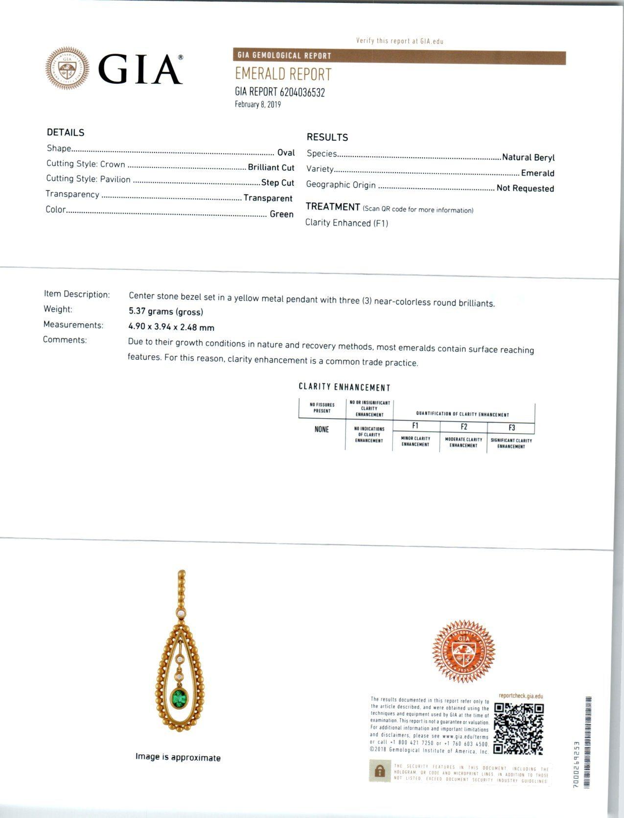 Peter Suchy GIA Certified .30 Carat Emerald Diamond Yellow Gold Pendant For Sale 2