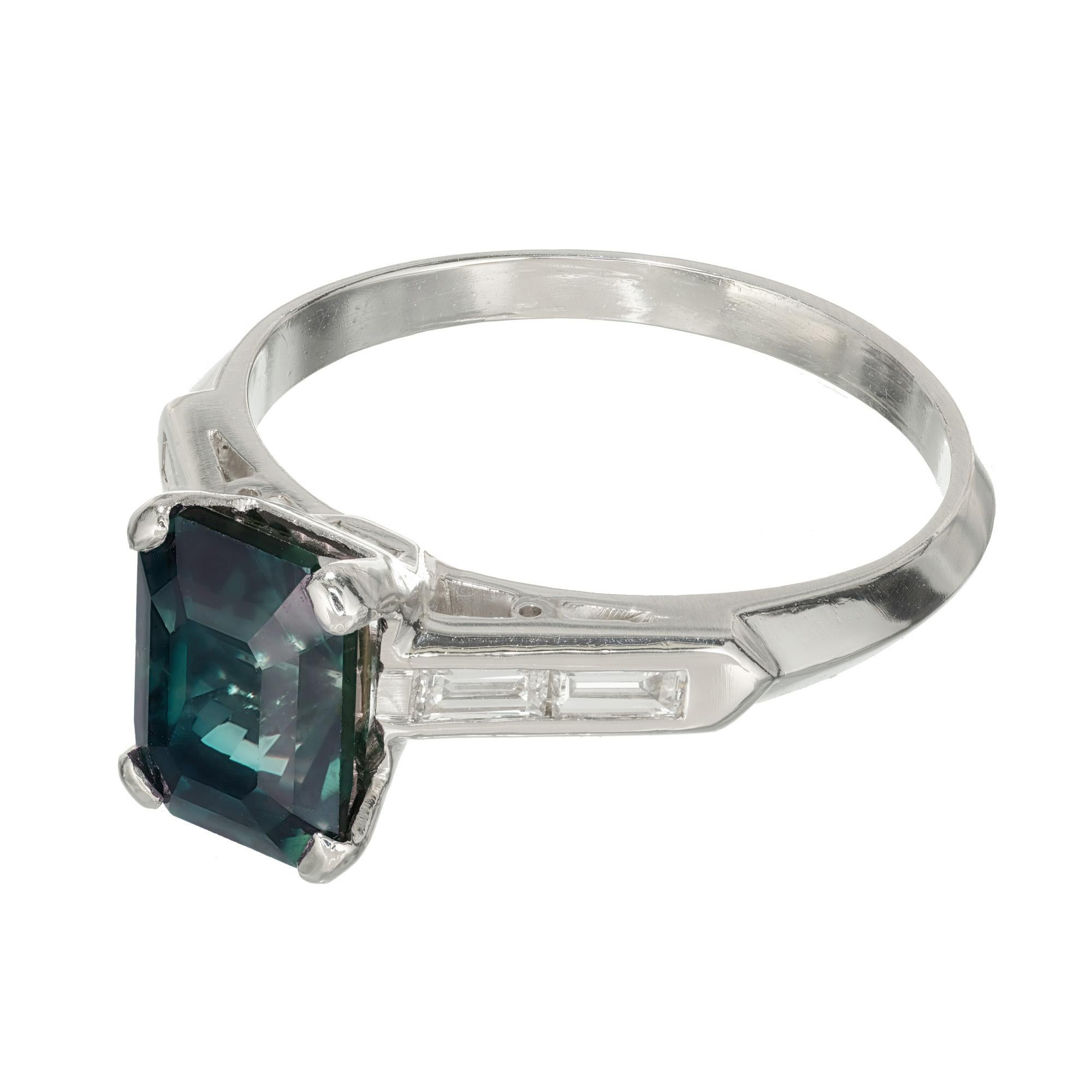 Baguette Cut Peter Suchy GIA Certified 3.15 Carat Green Sapphire Diamond Platinum Ring For Sale