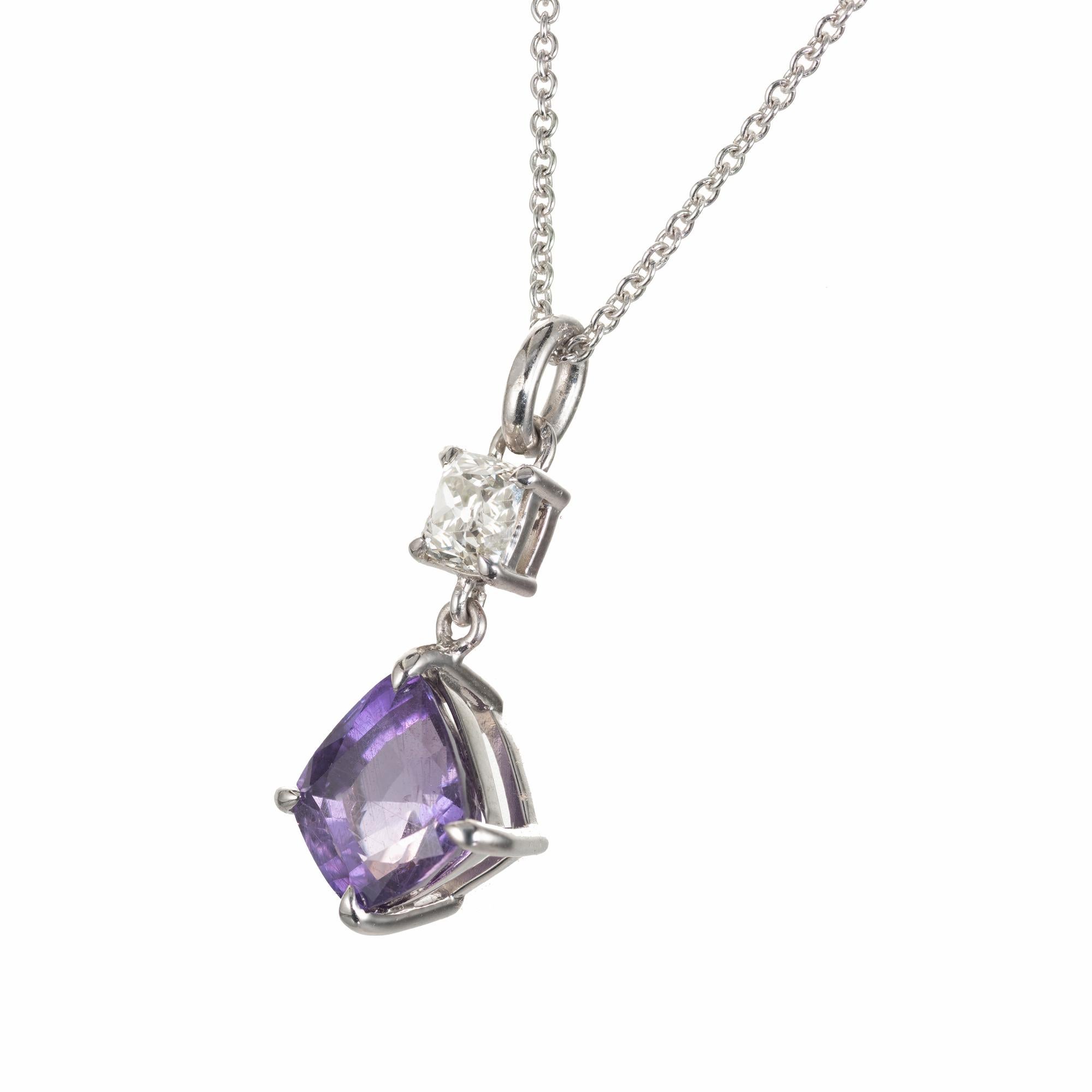 Natural GIA certified purple sapphire and diamond pendant necklace. Kite shaped 3.18 sapphire a cushion shaped accent diamond set in a platinum setting with an 18 inch platinum chain. Designed and crafted in the Peter Suchy Workshop.  

1 kite shape