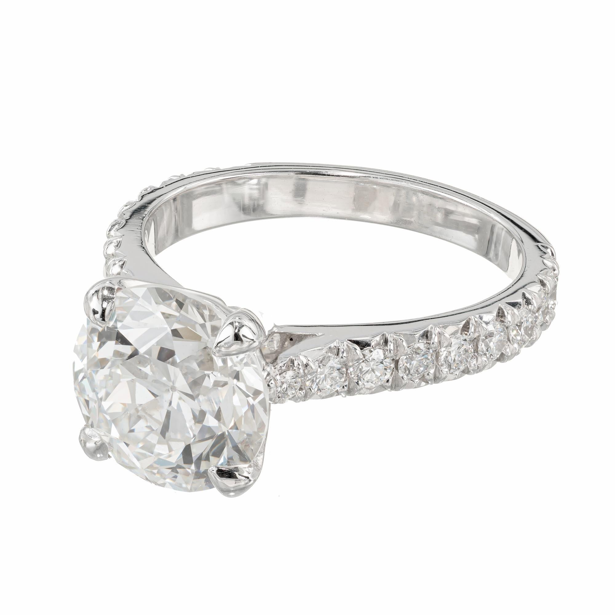 Peter Suchy 3.37 Carat Brilliant Diamond Engagement Ring. GIA certified center stone, set in a platinum setting with 20 round diamonds along the shank. Extra sparkly circular brilliant cut diamond, circa 1920's. With raised crown, small table, 50%,