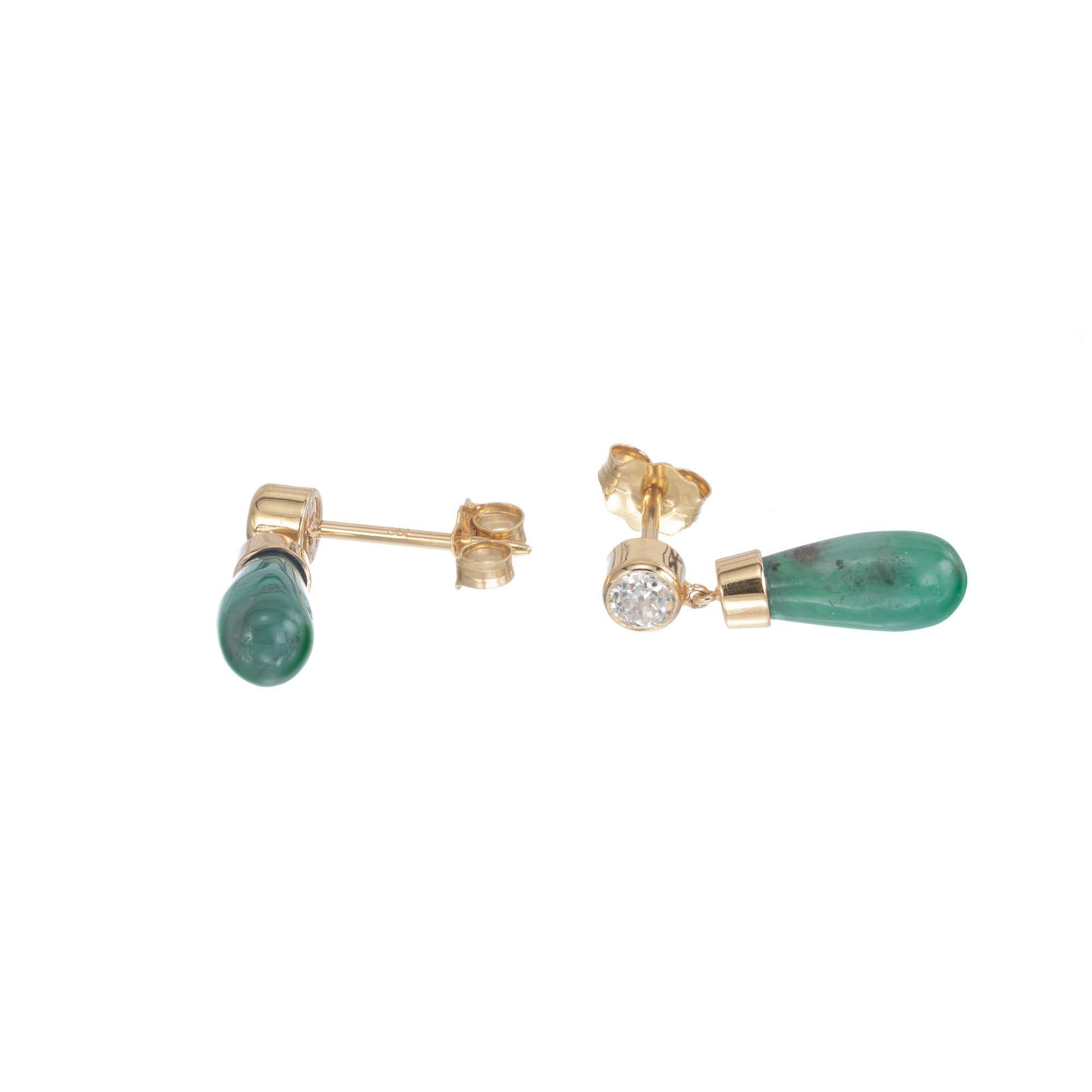 Peter Suchy GIA certified natural emerald and diamond dangle earrings in 18k yellow gold with round accent diamonds. 

2 pierced drop green emeralds MI, approx. 3.79cts GIA Certificate # 5191654872
2 round brilliant cut diamonds H-I SI, approx.