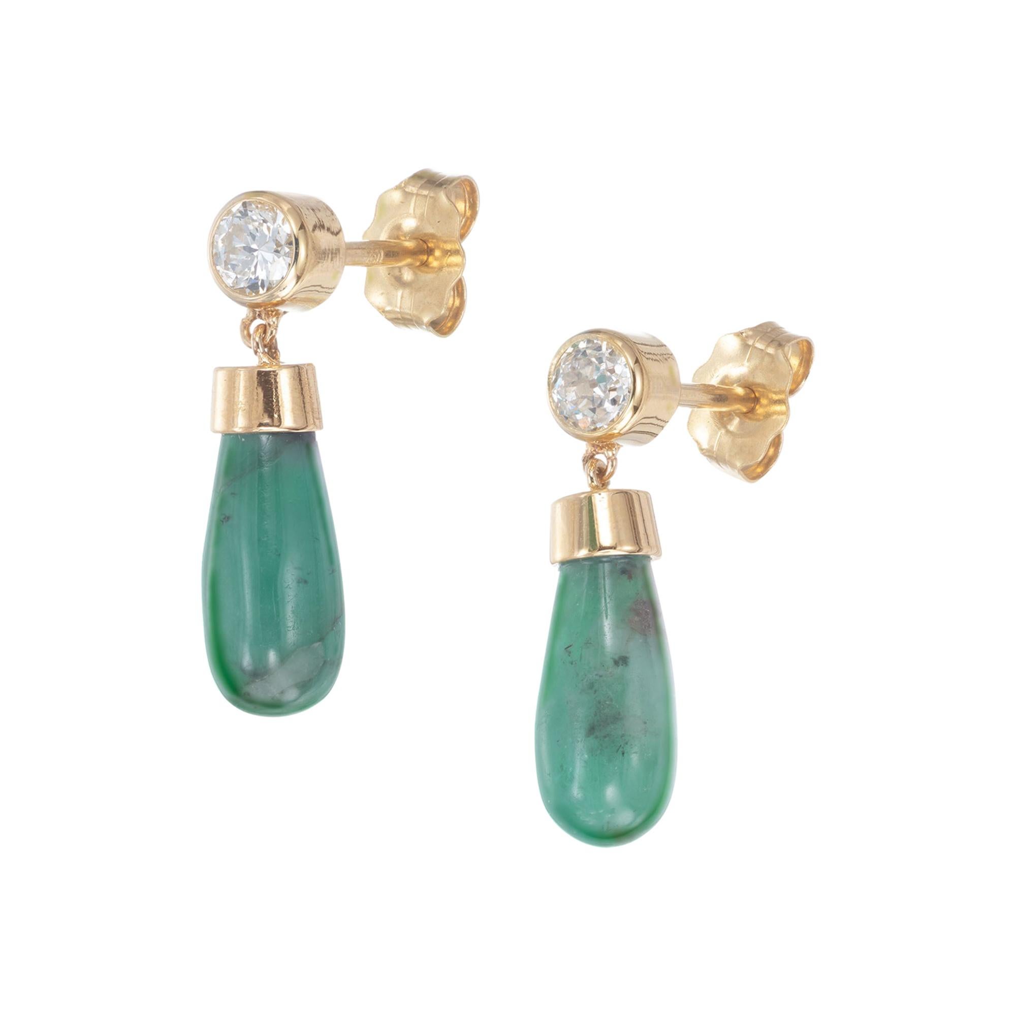 Peter Suchy GIA Certified 3.79 Carat Emerald Diamond Yellow Gold Dangle Earrings For Sale