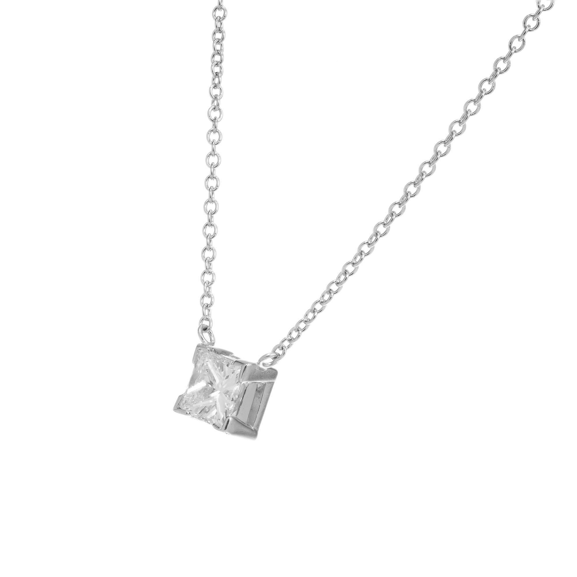 Princess cut diamond pendant in a handmade 14k white gold setting with a 14k white gold 18 inch chain. Created in the Peter Suchy workshop

1 princess cut diamond, G VVS approx. .50ct GIA Certificate # 6204562493
14k white gold 
Stamped: 14k
1.7