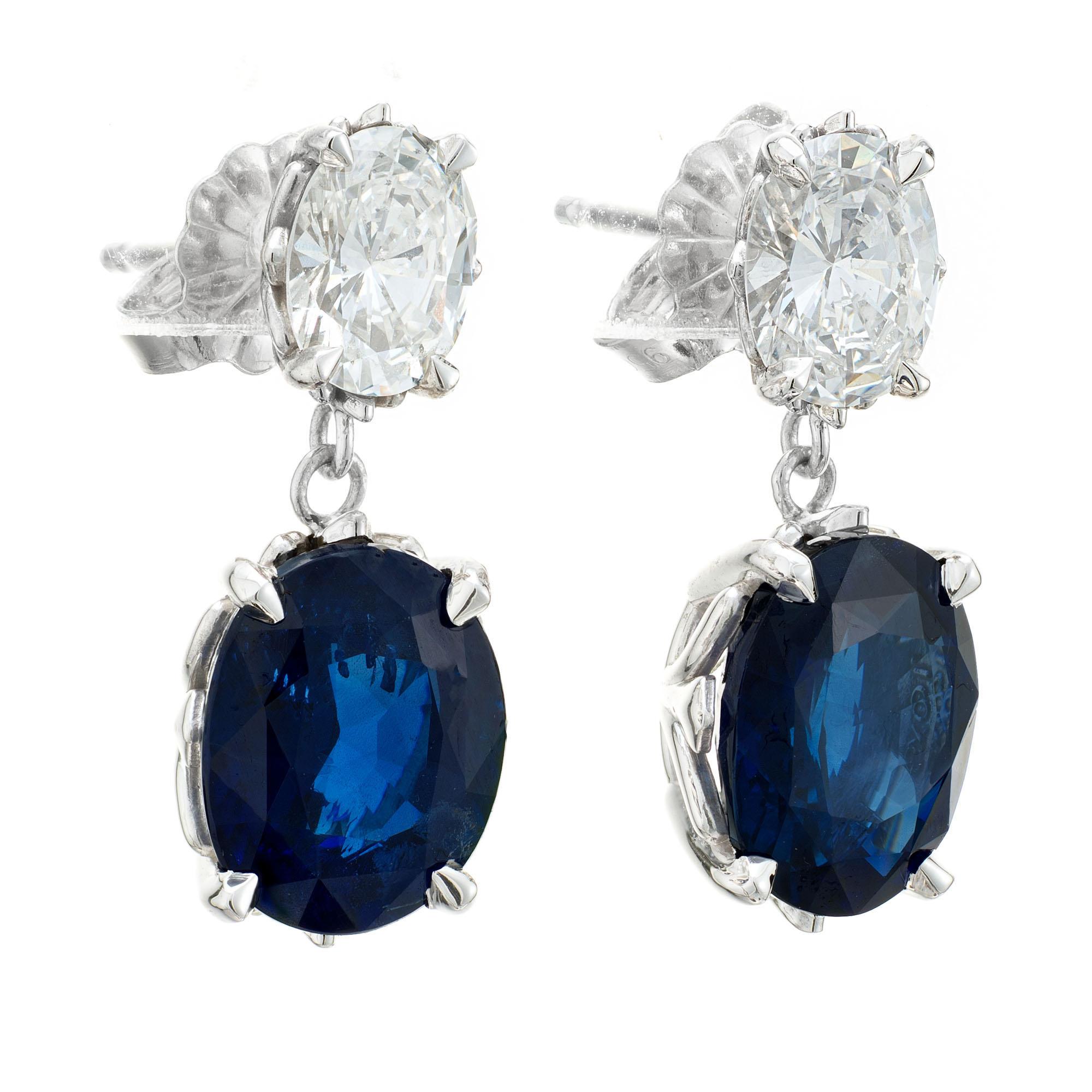 Oval Cut Peter Suchy GIA Certified 5.03 Carat Sapphire Diamond Platinum Dangle Earrings For Sale