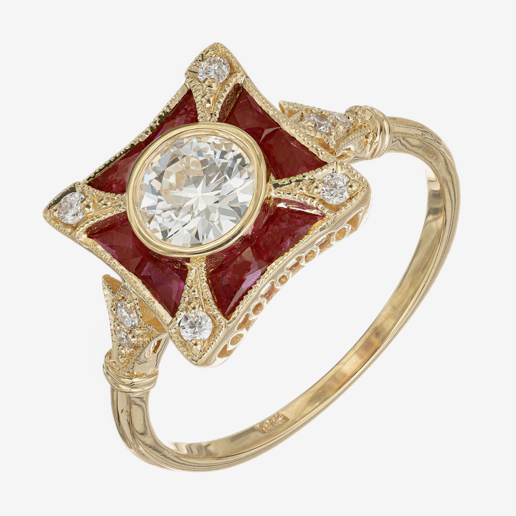 Antique inspired diamond and ruby engagement ring. GIA certified round brilliant cut bezel set center diamond with french cut ruby and round brilliant cut diamond accents in an 18k yellow gold setting. Designed and crafted in the Peter Suchy