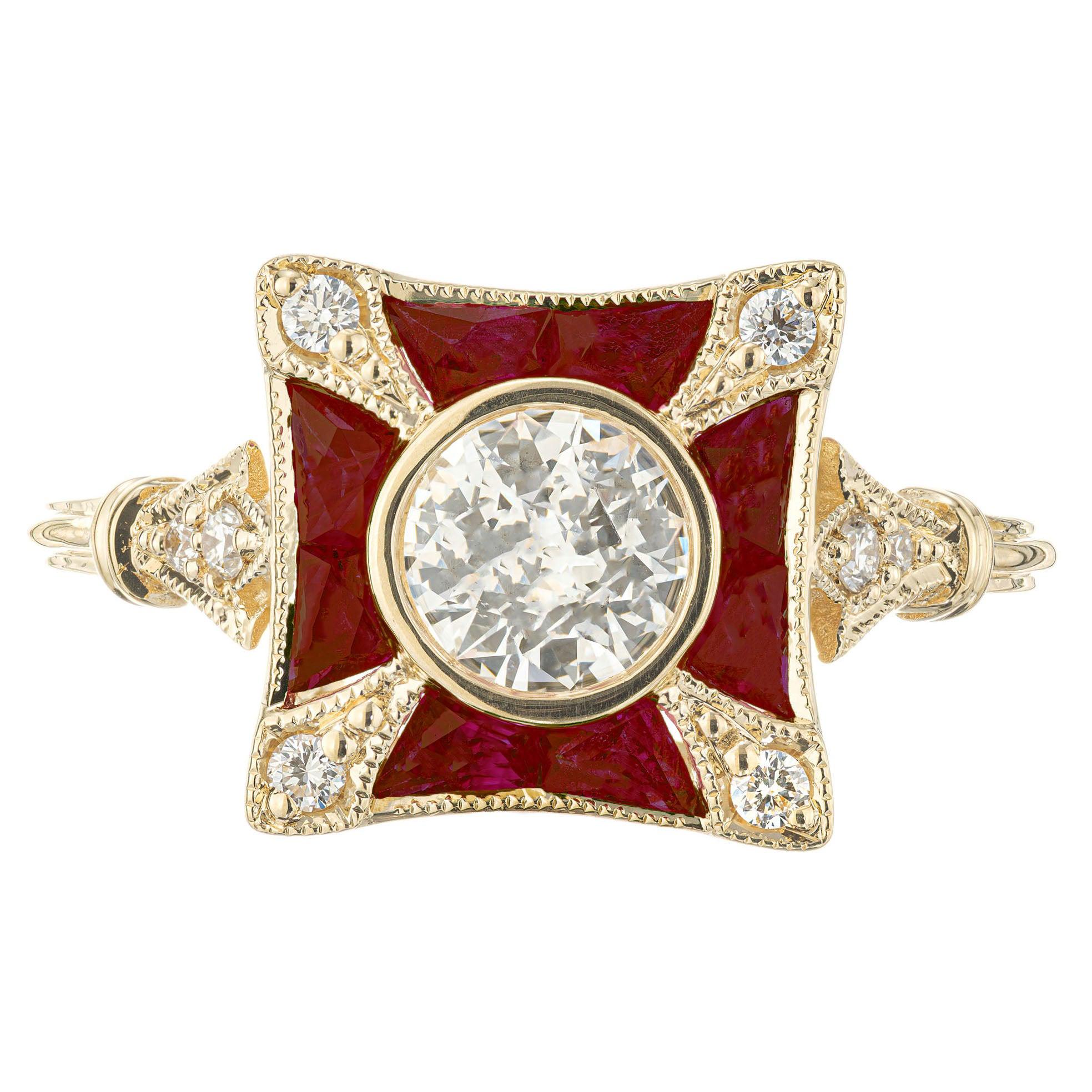 Bague de fiançailles Peter Suchy en or jaune avec rubis et diamants de 0,52 carat certifiés GIA