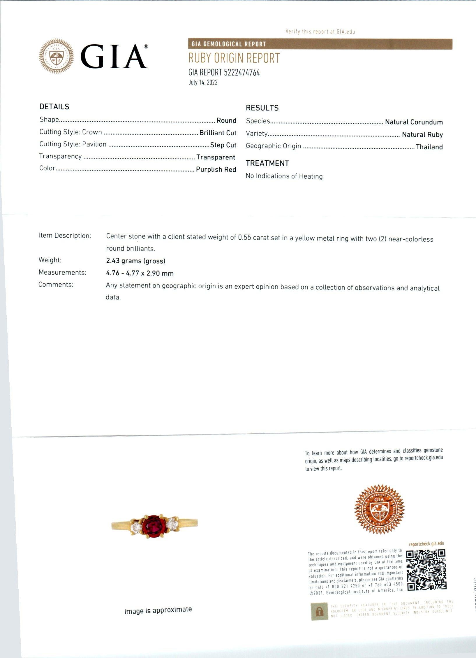 Peter Suchy GIA Certified .55 Carat Round Ruby Diamond Gold Three-Stone Ring  In New Condition For Sale In Stamford, CT