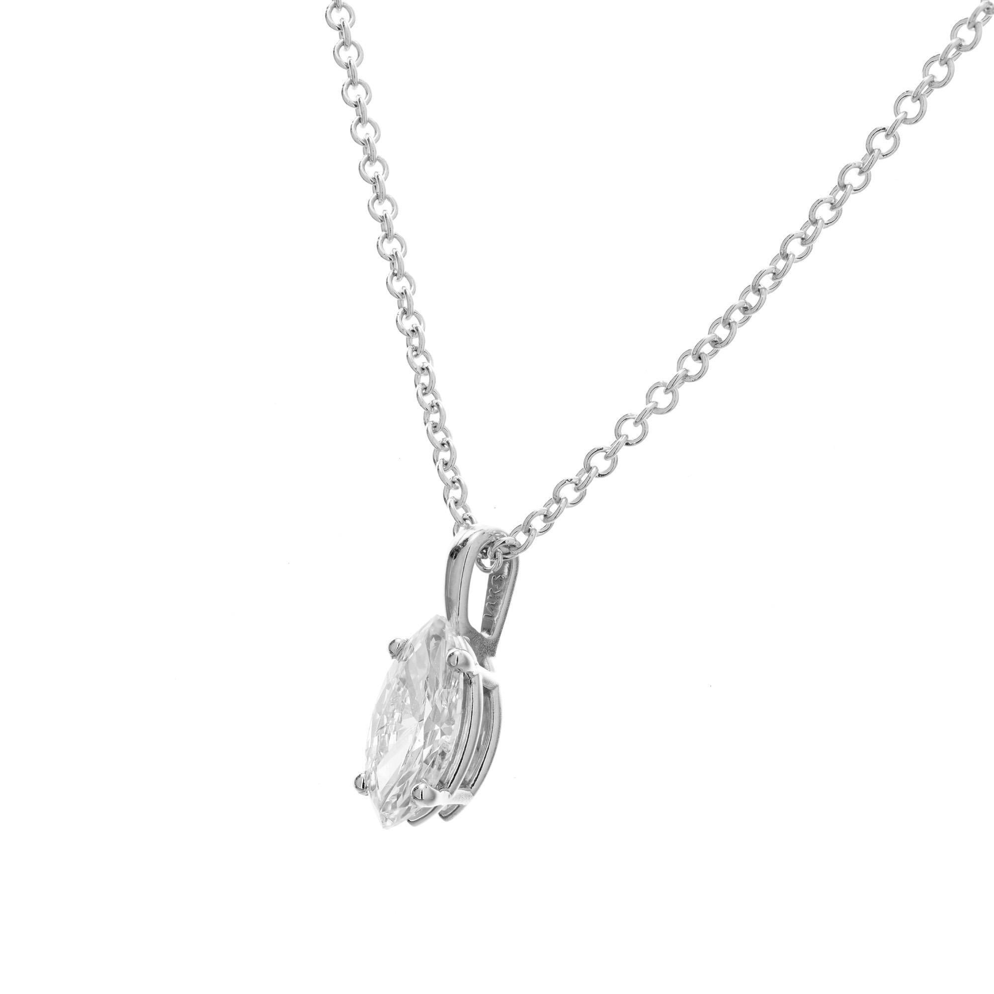 Marquise diamond pendant necklace. GIA certified marquise diamond set in a classic four prong 14k white gold basket setting. 16 inch 14k white gold chain. Designed and crafted in the Peter Suchy workshop

1 marquise cut diamond, H I approx. .60cts
