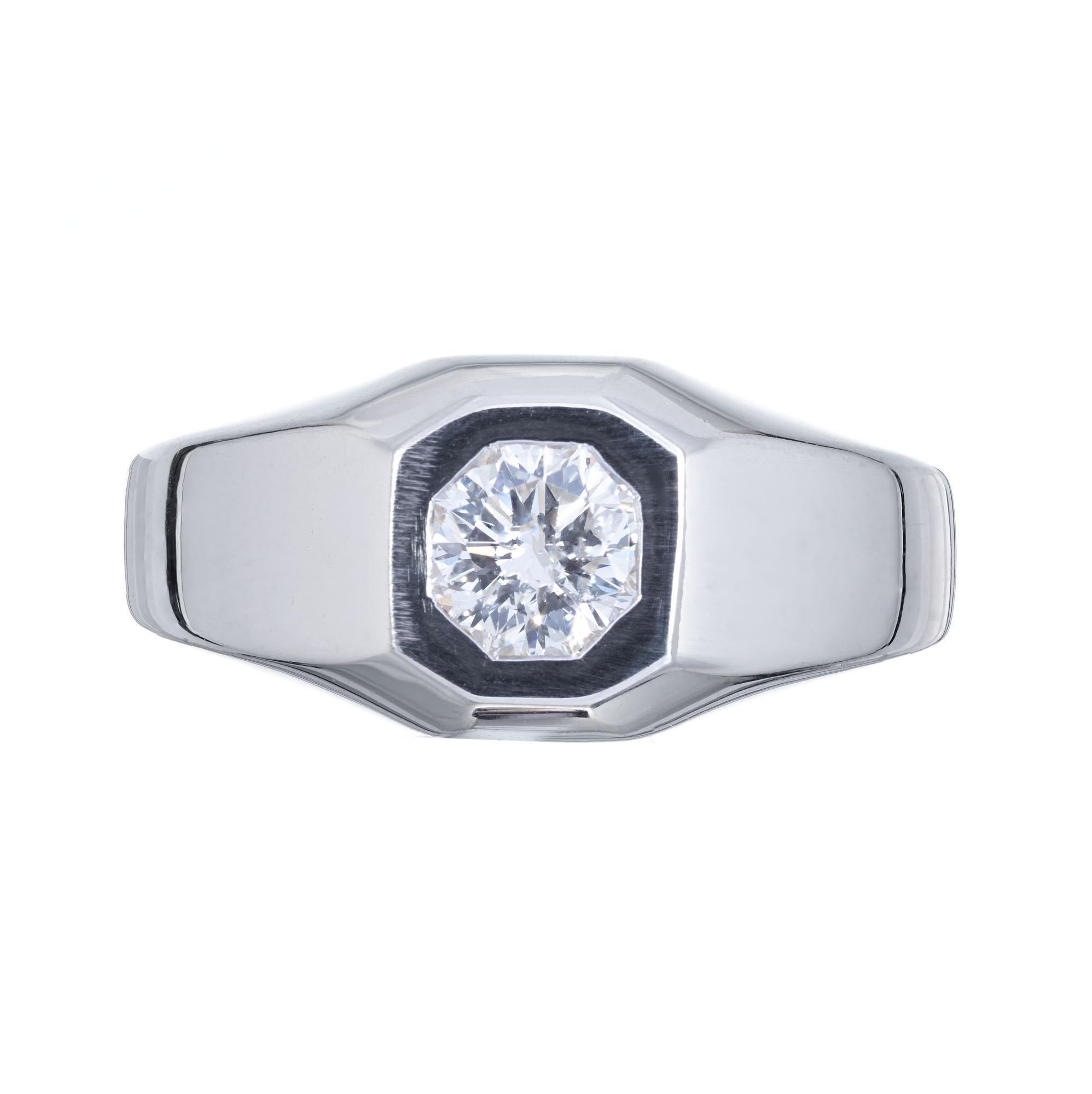 GIA certified diamond, in an eight-sided 14k white gold unisex setting. Created in the Peter Suchy workshop.

1 octagonal brilliant cut diamond H SI2, approx. .70cts  GIA Certificate # 5172585309
Size 8 and sizable
14k white gold 
Stamped: 14k
8.7
