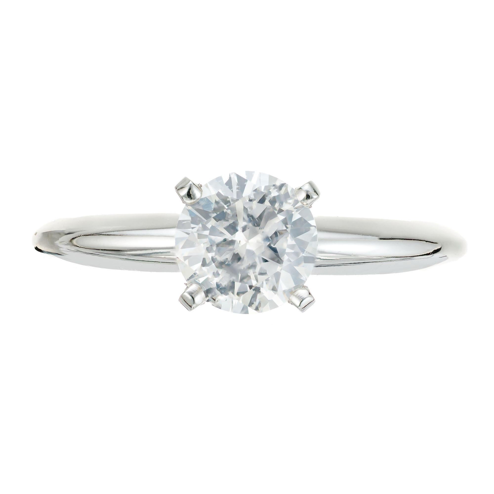 Diamond engagement ring. GIA certified .81 carat transitional cut diamond center stone, set in a 4 prong 14k white gold solitaire setting. The diamond is circa 1940's and has extra brilliance because of the 1940's cutting.  Designed and crafted in