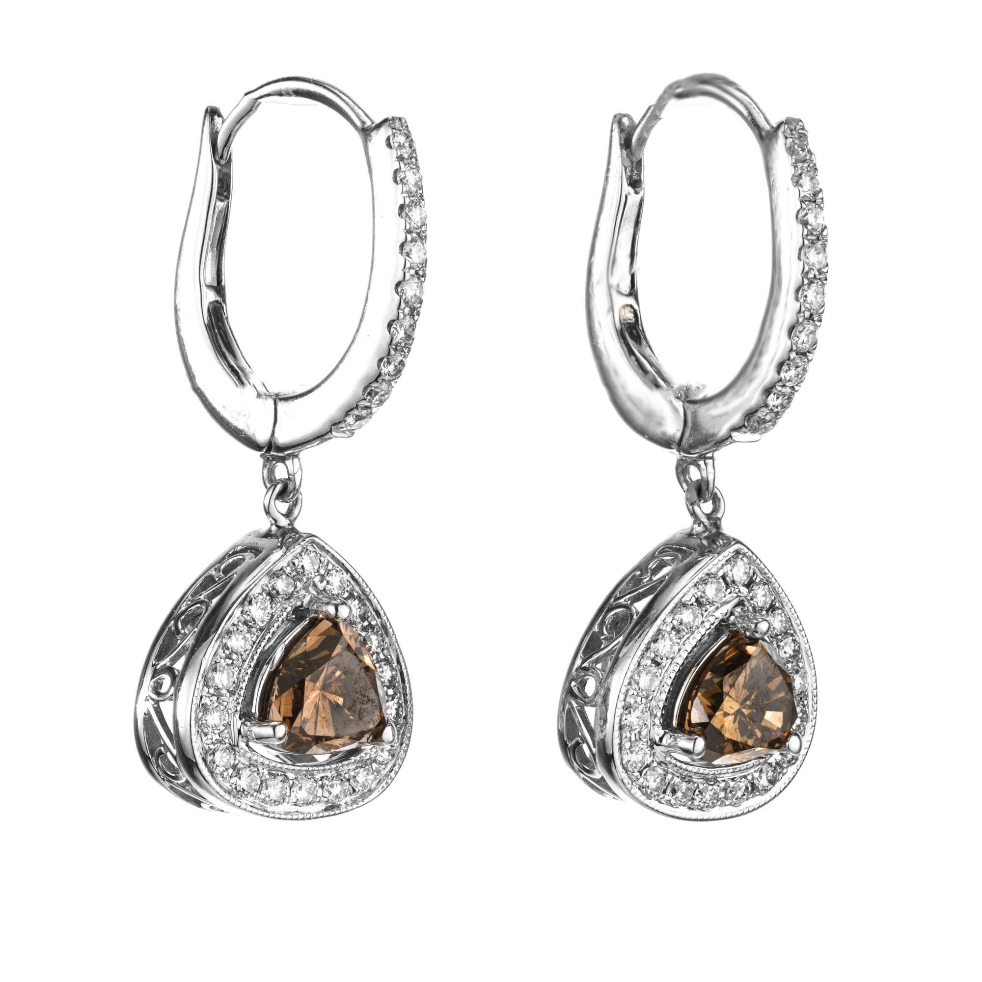 Heart Cut Peter Suchy GIA Certified .92 Carat Orange Brown Diamond White Gold Earrings For Sale