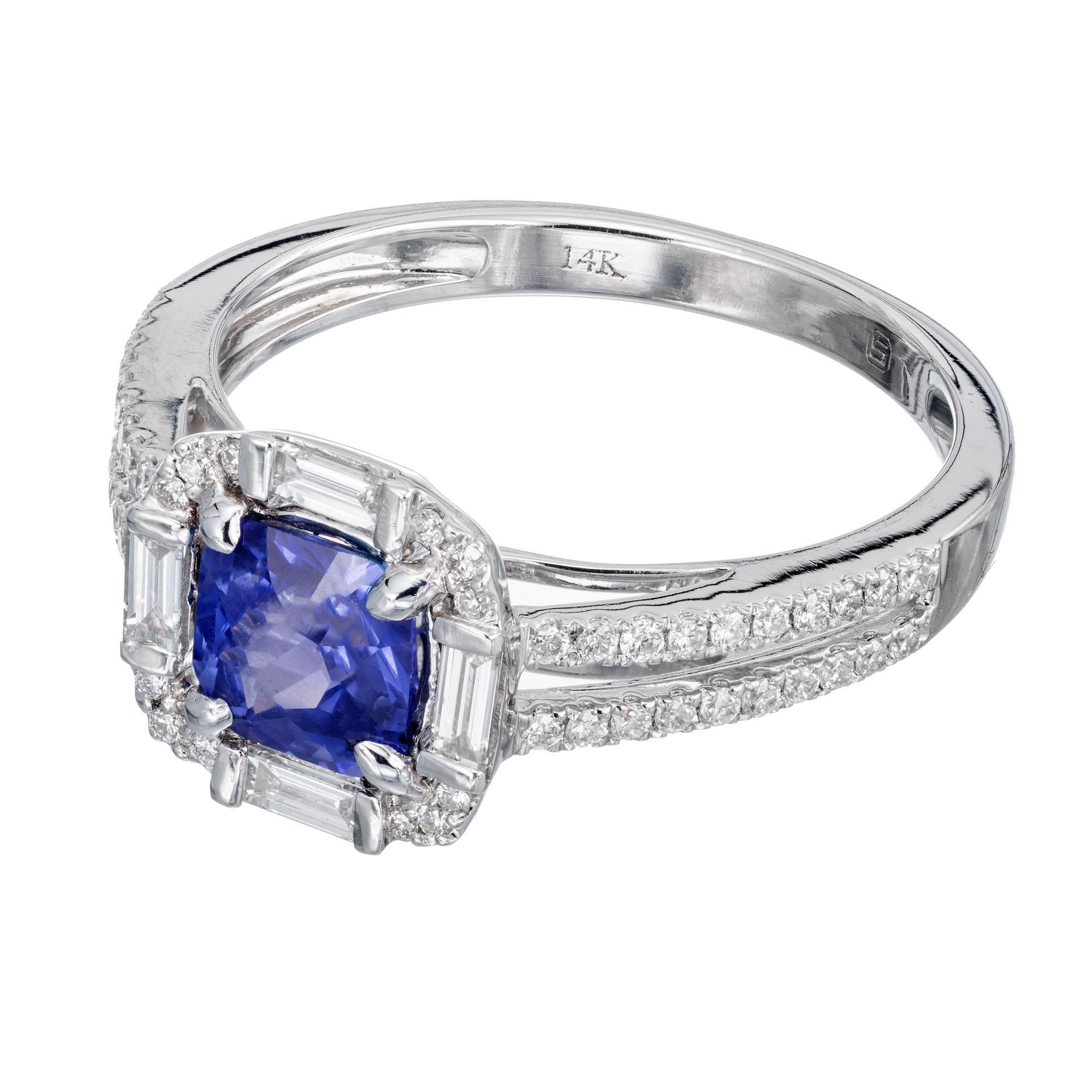 Natural GIA Certified sapphire and diamond engagement ring. Square cut center sapphire with round and step cut baguette accent diamonds in a white 14k white gold setting created in the Peter Suchy Workshop. 

1 square cut blue sapphire MI, approx.