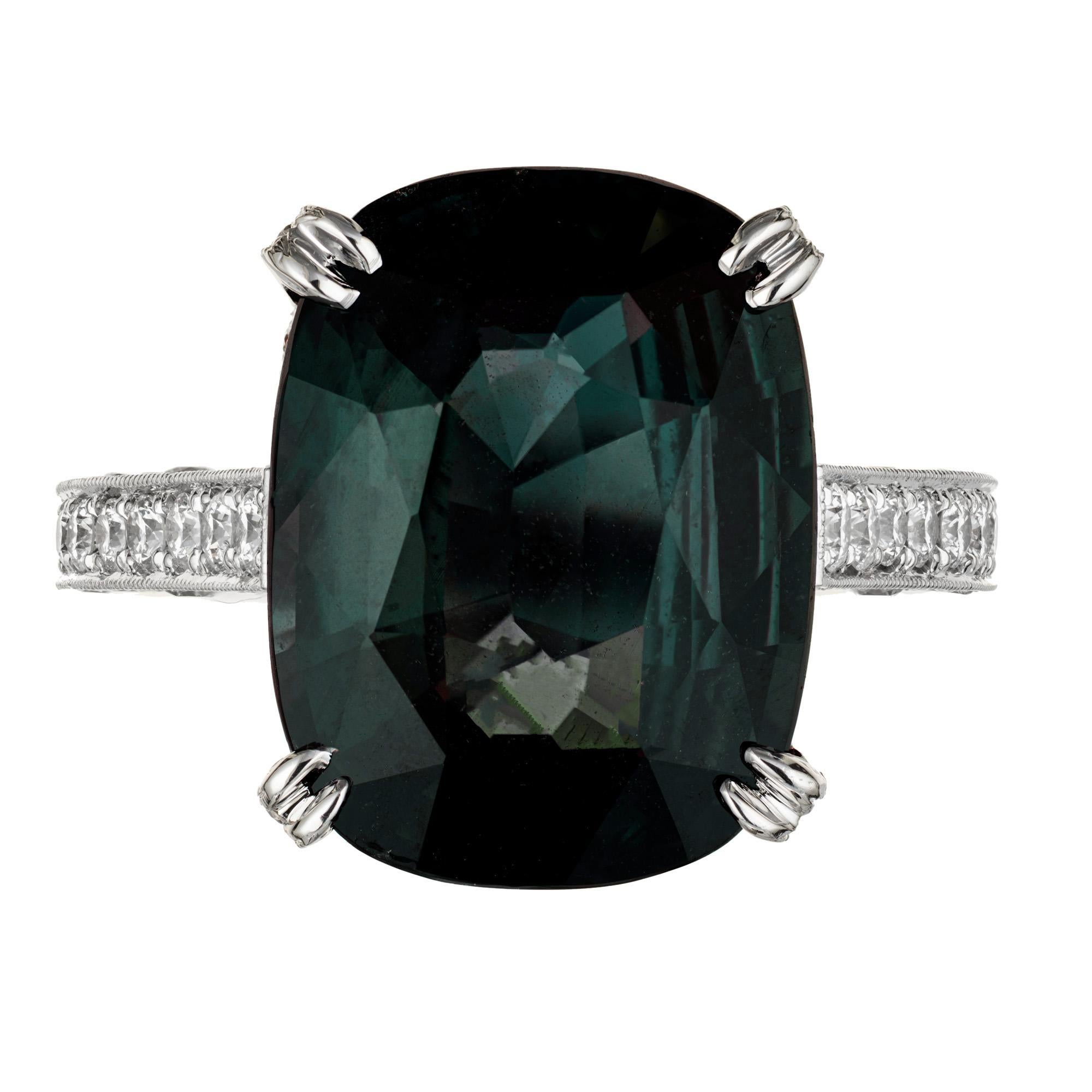 Natural no heat GIA certified antique cushion cut blue green Sapphire in a simple, elegant micro pave diamond platinum setting. 9.75ct center sapphire with 148 round full cut accent diamonds. Created in the Peter Suchy Workshop. Designed to show off