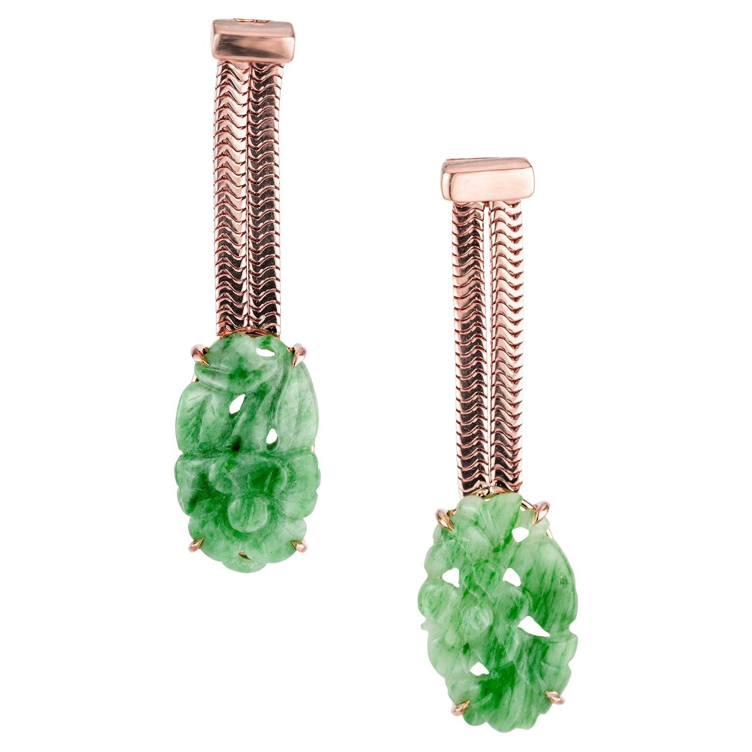 Peter Suchy GIA Certified Carved Jadeite Jade Rose Gold Dangle Earrings