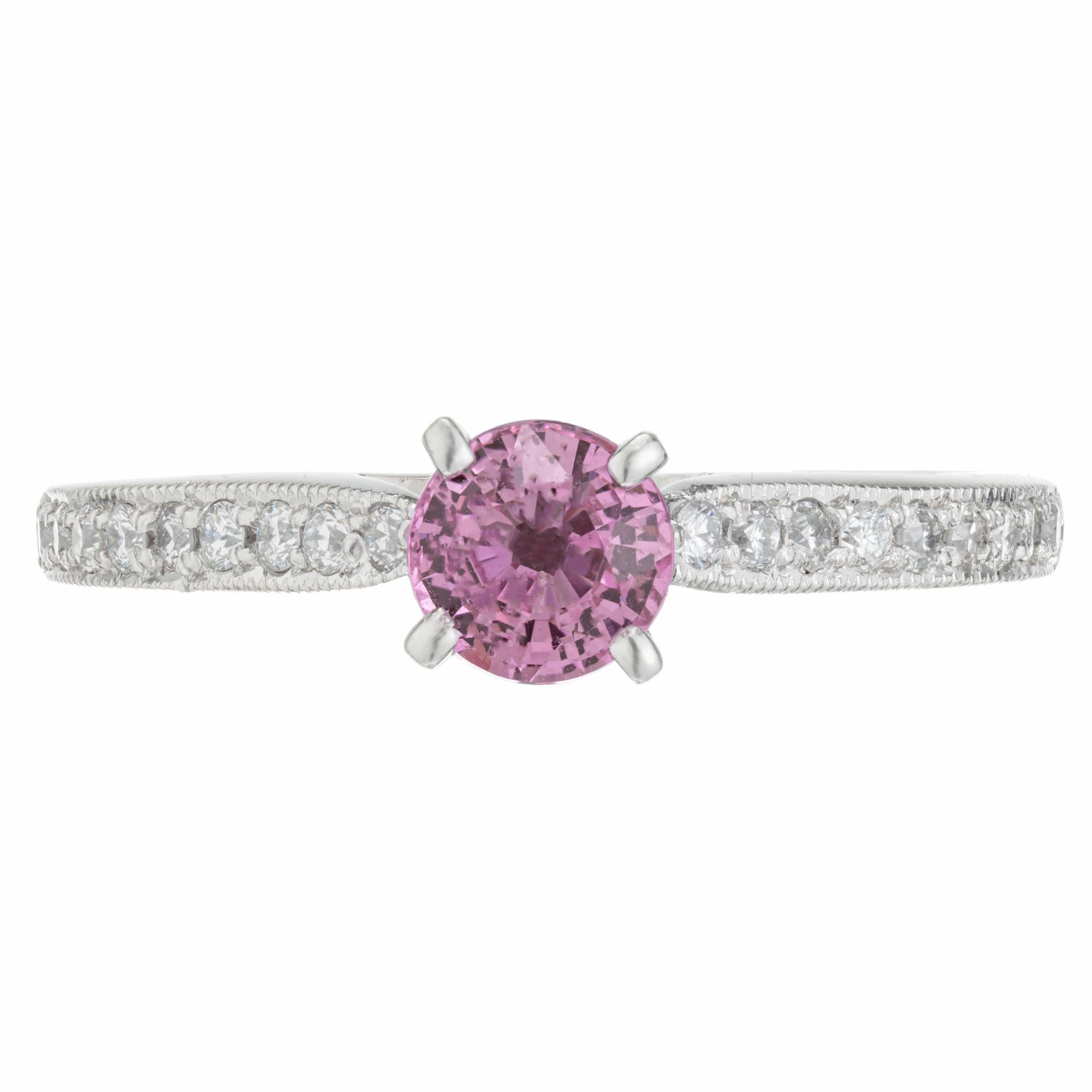 Round Cut Peter Suchy GIA Certified Pink Sapphire Diamond Platinum Engagement Ring For Sale