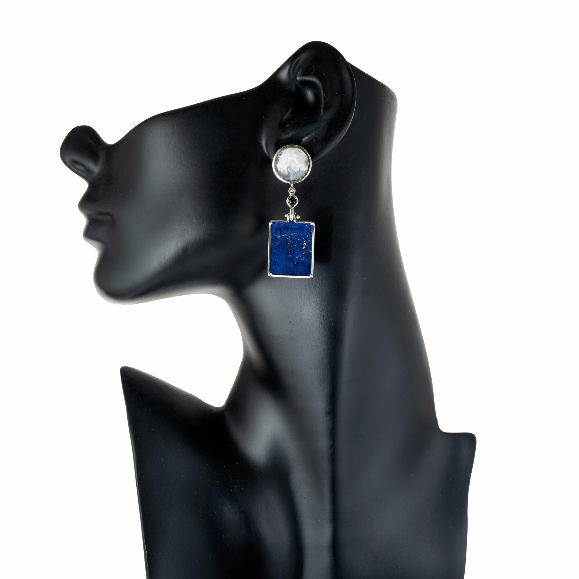 Round Cut Peter Suchy Lace Agate Black Onyx Lapis Gold Dangle Earrings