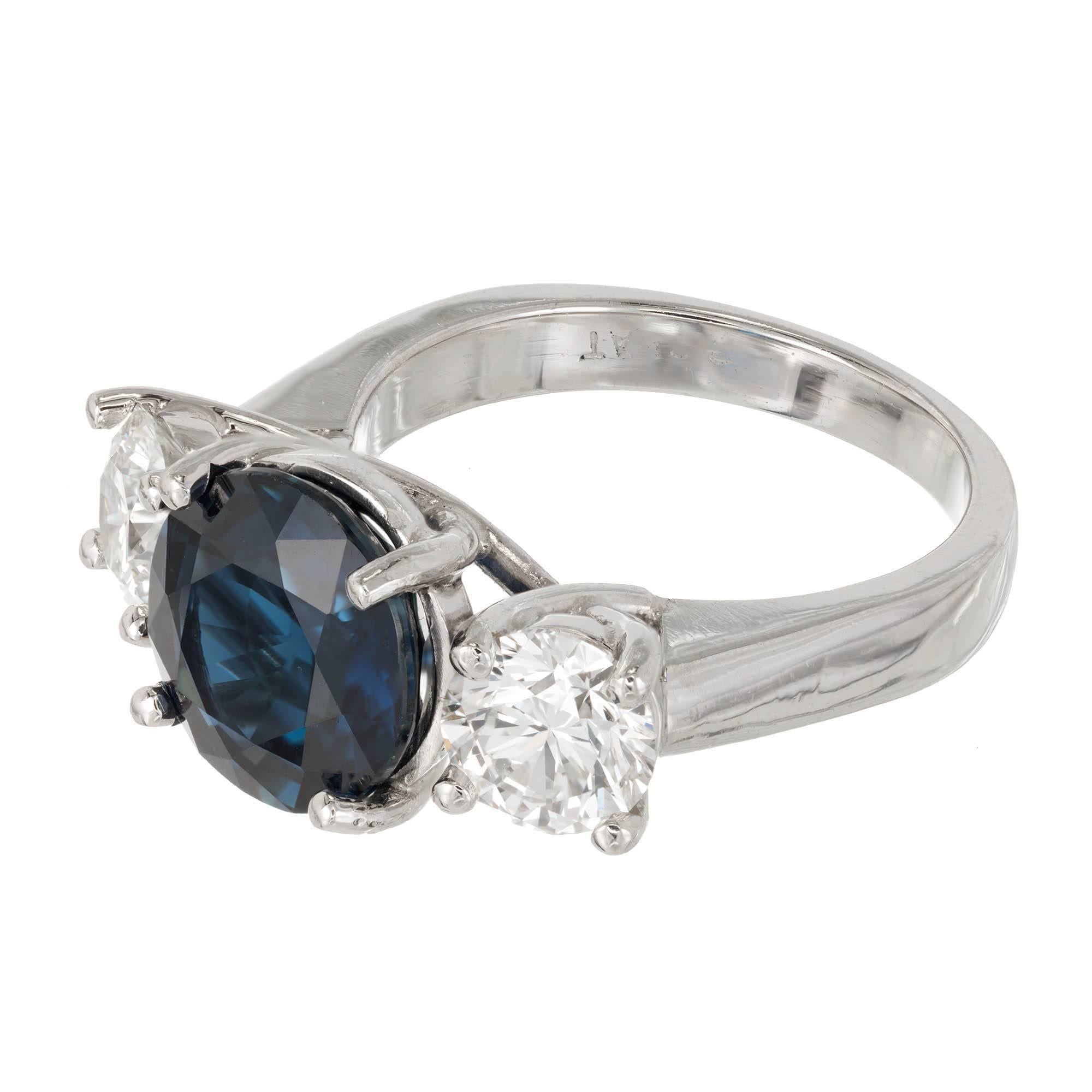 Old European Cut Peter Suchy 3.92 Carat Sapphire Diamond Three-Stone Platinum Engagement Ring