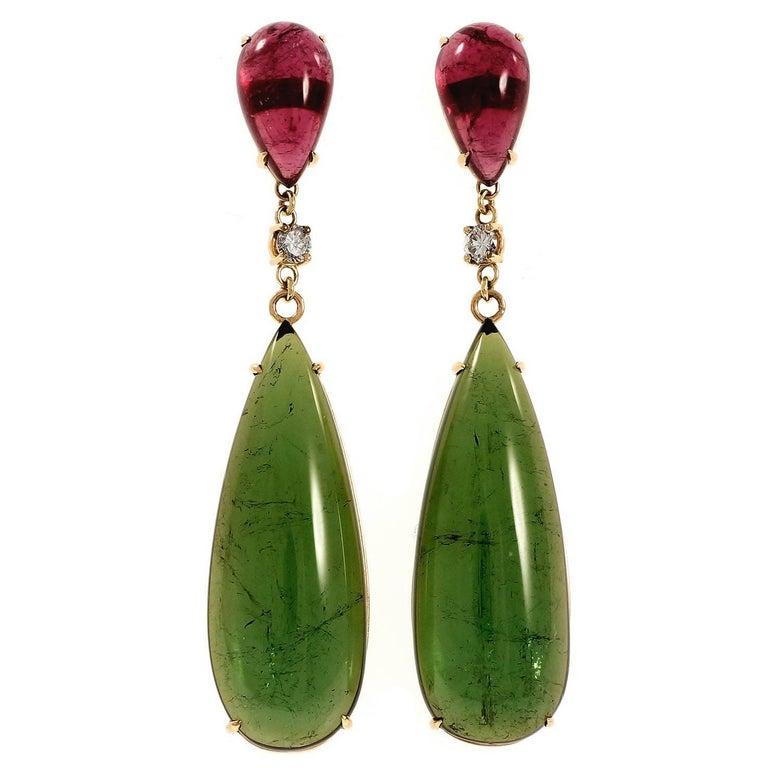 Pendants d'oreilles Peter Suchy en forme de poire, en or avec diamant et tourmaline rose et verte Pour femmes en vente