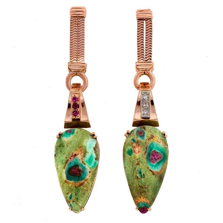Peter Suchy Pear Shaped Zoisite Ruby Diamond Gold Dangle Earrings In New Condition For Sale In Stamford, CT