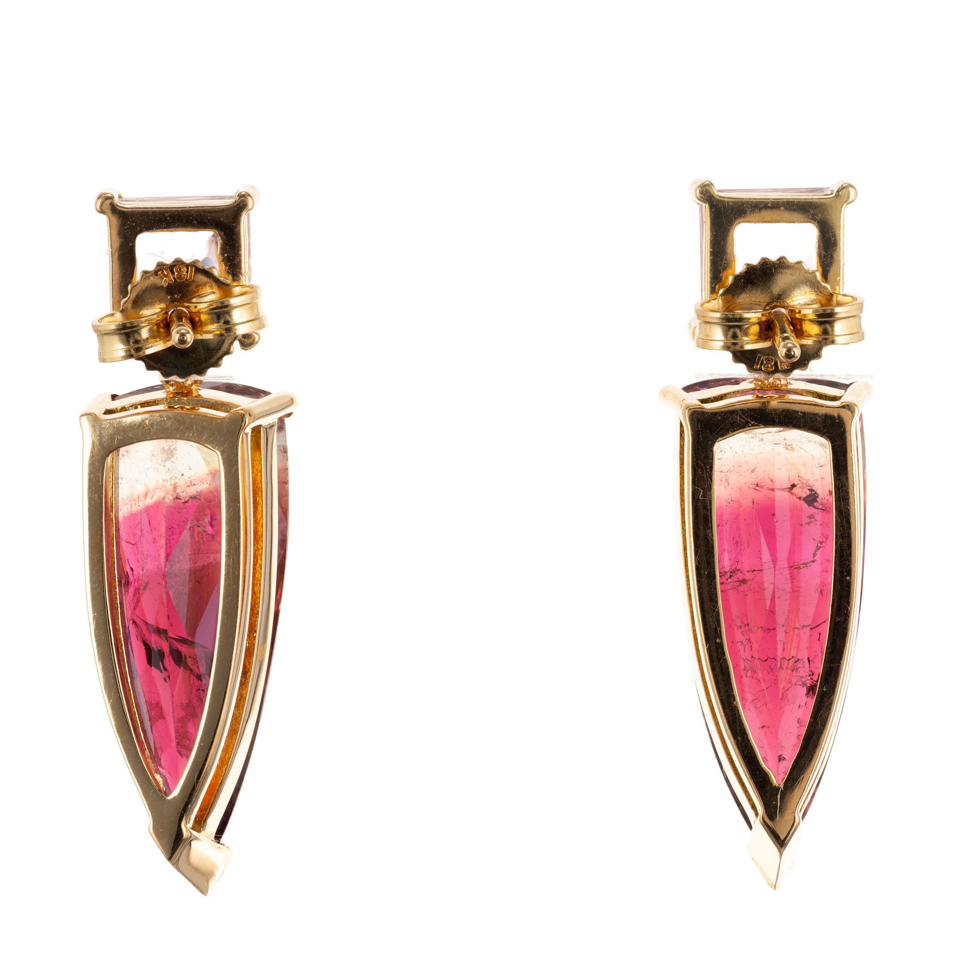 Peter Suchy Pink Bi-Color Tourmaline Gold Dangle Earring In Excellent Condition In Stamford, CT