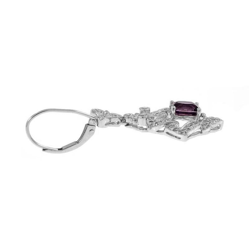 Square Cut Peter Suchy 2.59 Carat Purple Sapphire Diamond Dangle Platinum Earrings   For Sale