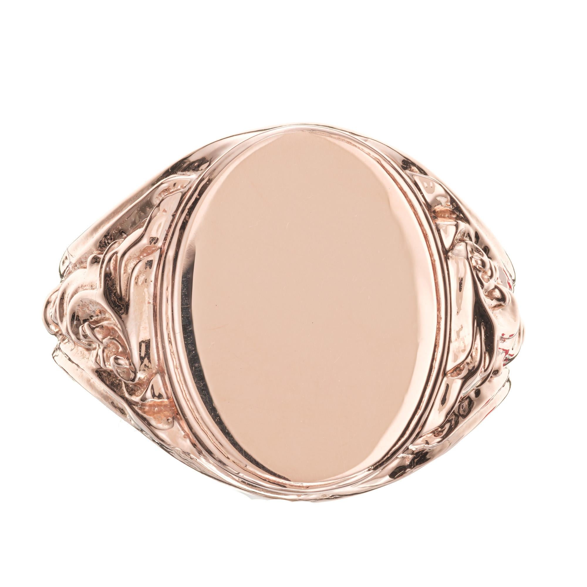 Vintage Inspired solid 14k rose gold signet ring. This is a replica of an 1880's Men's signet ring. Designed and crafted in the Peter Suchy workshop.

Size 9 and sizable 
14k rose gold 
Stamped: 14k
12.4 grams
Width at top: 17.8mm
Height at top: