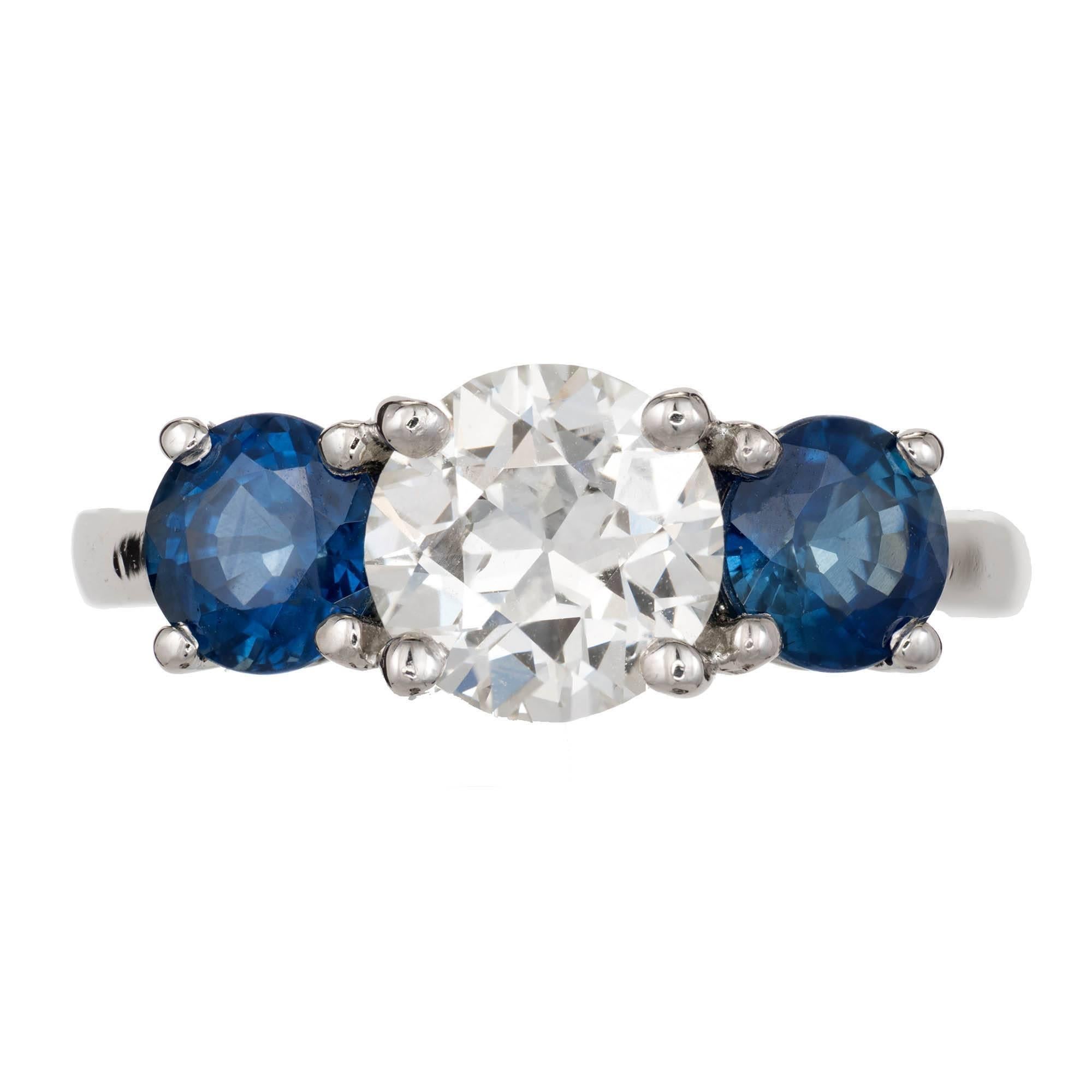 Old European Cut Peter Suchy 3.21 Sapphire Diamond Three-Stone Platinum Engagement Ring