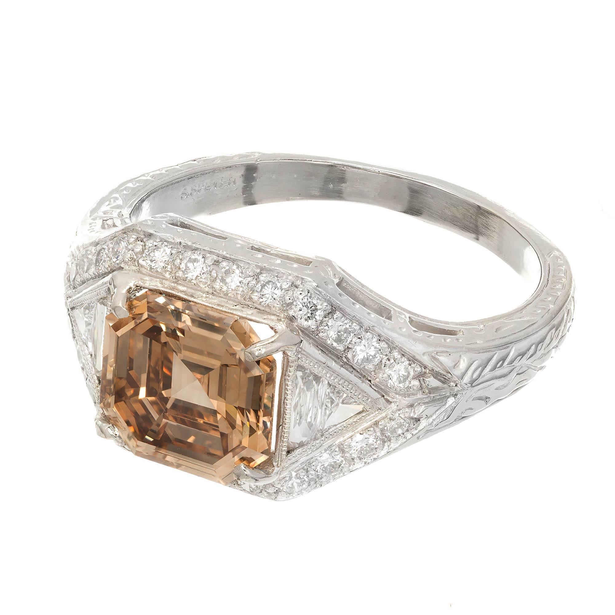 Taille Asscher Peter Suchy Bague de fiançailles en platine avec diamant brun certifié GIA de 2,00 carats en vente